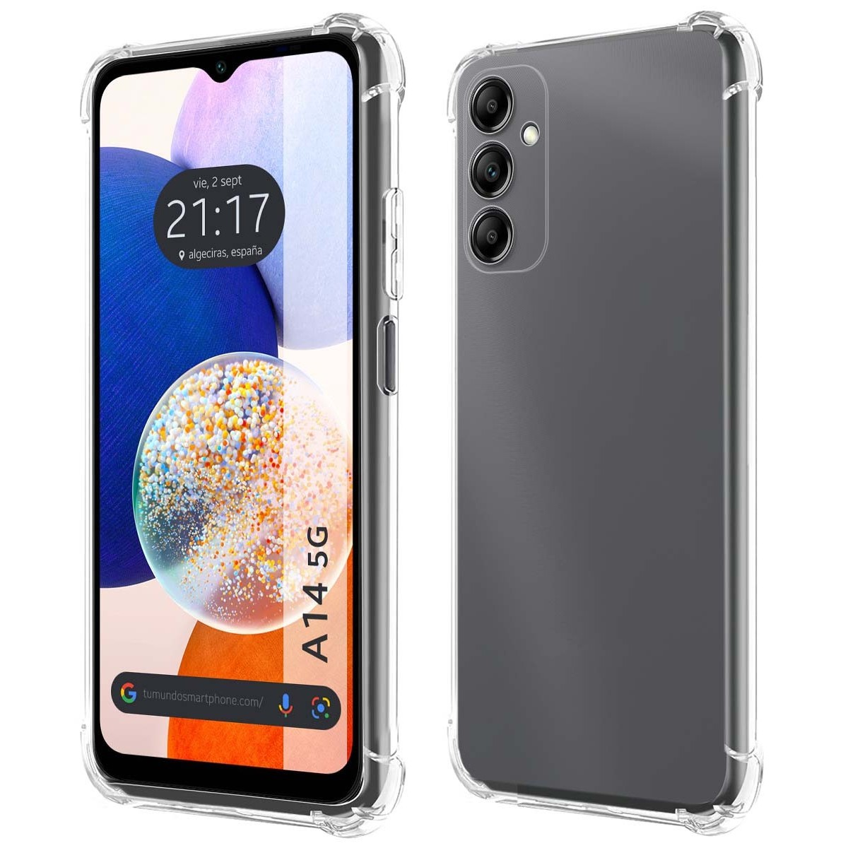 Custodia e telefono, custodia trasparente con ora e luogo sullo schermo.