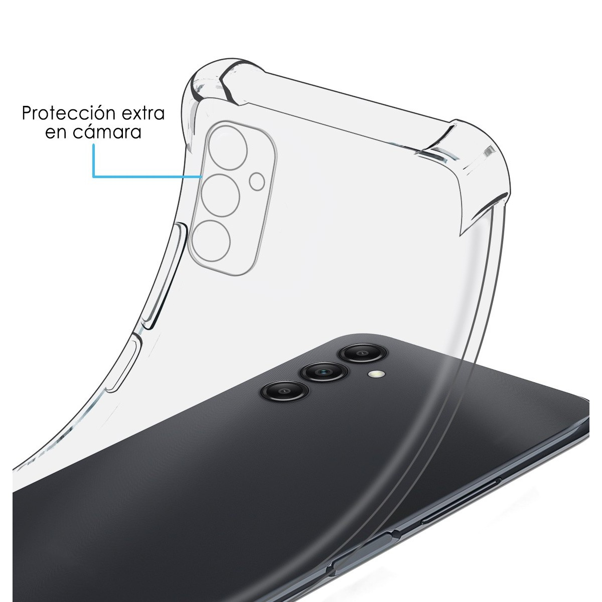 Una custodia trasparente per telefono con un telefono nero all'interno. Il telefono ha tre fotocamere.