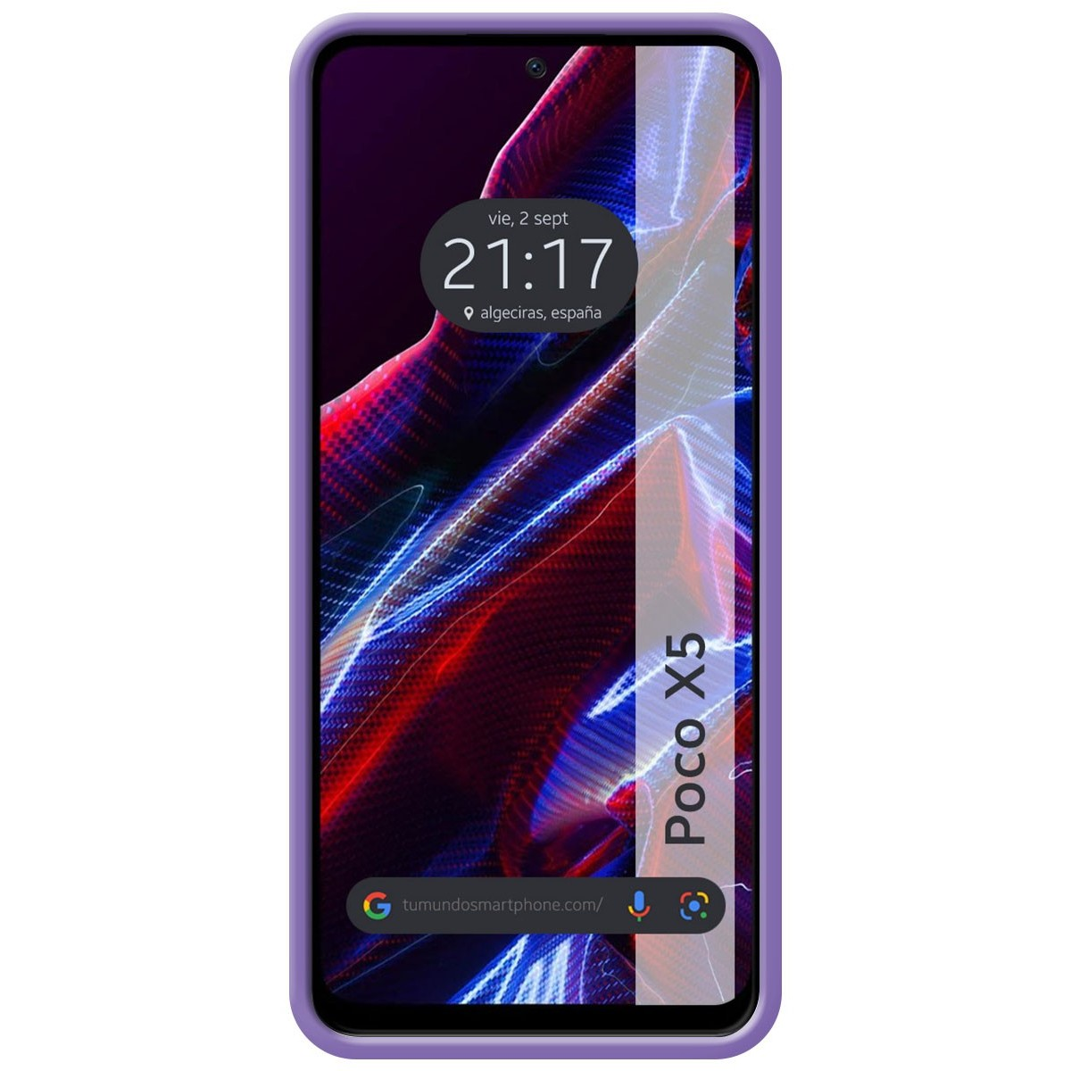 Telefono con custodia viola. Lo schermo mostra ora, posizione e testo: Poco X5.