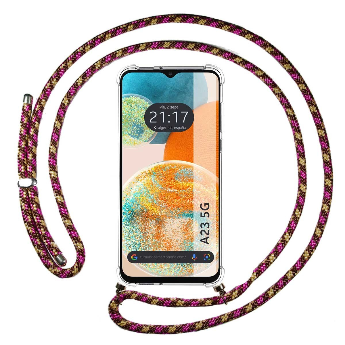 Un telefono con un cinturino fantasia intorno. Il cinturino è marrone, rosa e oro.