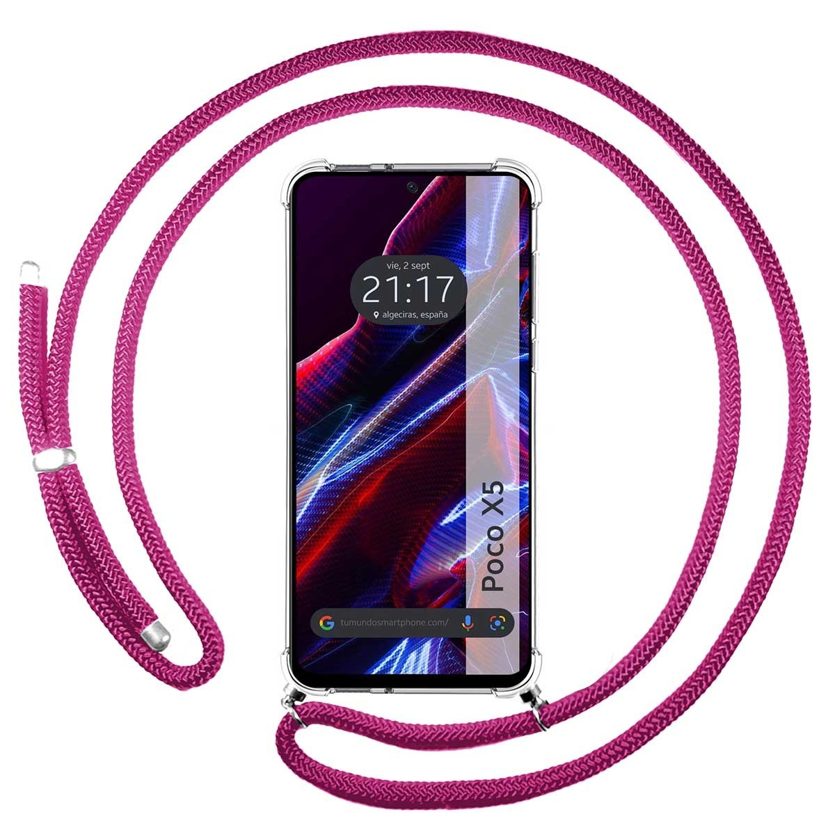 Un cinturino rosa per telefono con un telefono attaccato. Il telefono mostra l'ora e il modello.