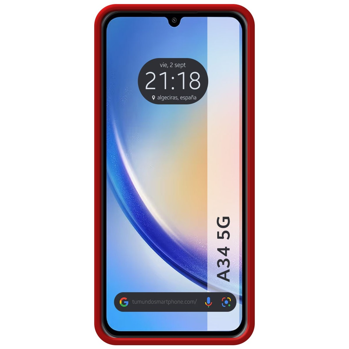 Smartphone con cornice rossa che mostra ora, data e testo A34 5G. Lo schermo è blu e bianco.