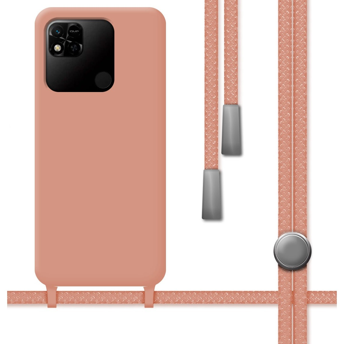 Una custodia per telefono rosa con cordino e chiusura argentata.