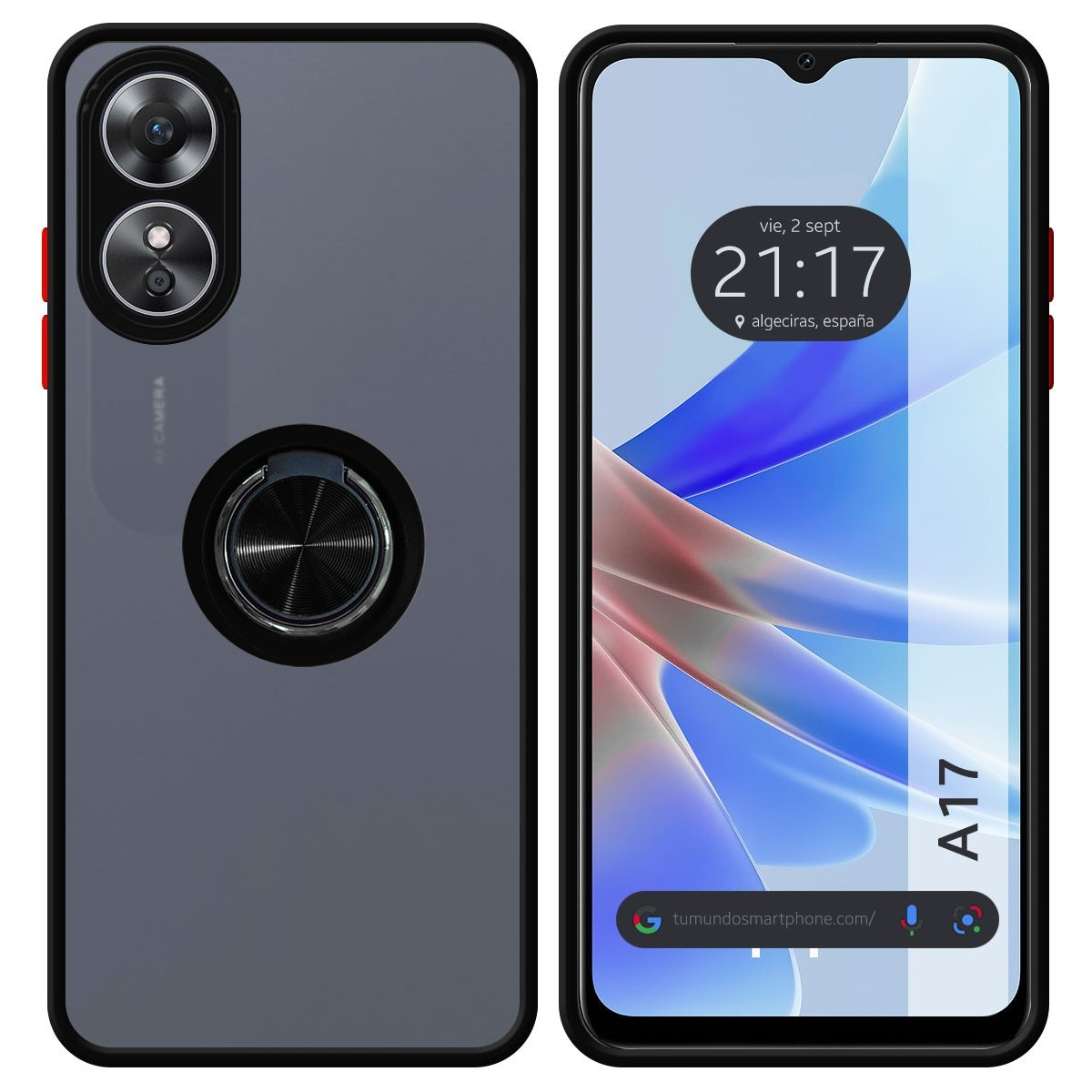 Custodia per telefono con un design a fotocamera e uno schermo del telefono con indicazione dell'ora.
