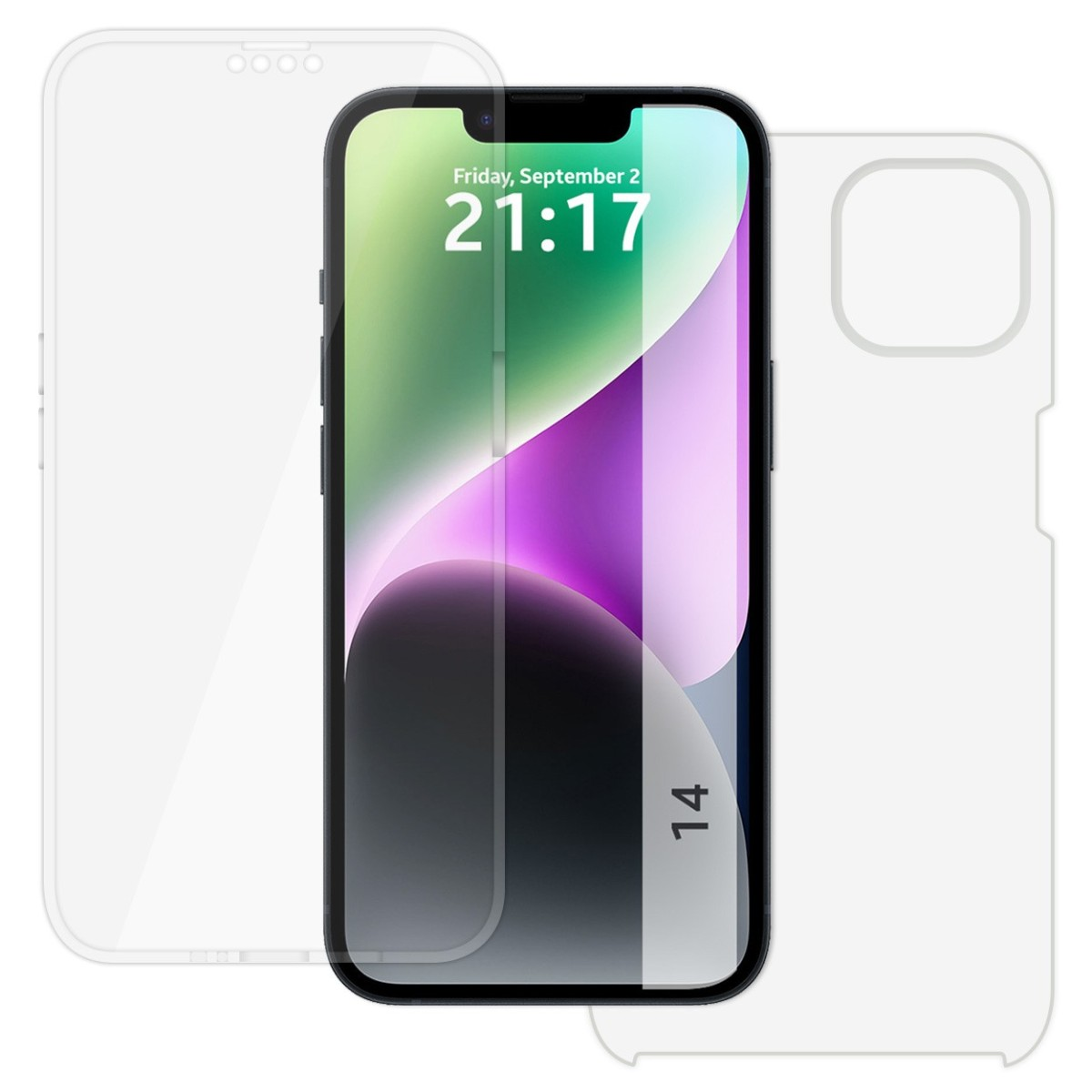 Telefono con protezione schermo e custodia. Schermo mostra ora e data. Custodia e protezione trasparenti.
