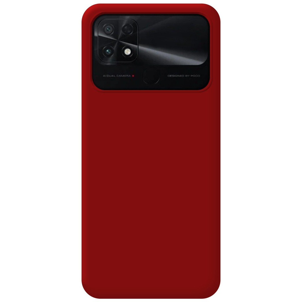 Custodia per telefono rossa con modulo fotocamera nero. La custodia è rosso tinta unita.