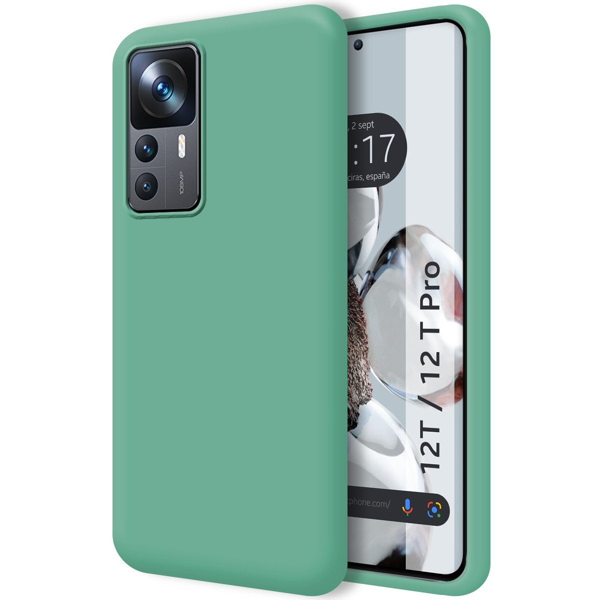 Funda de teléfono verde. El teléfono muestra el texto blanco '12T / 12 T Pro' sobre fondo blanco.