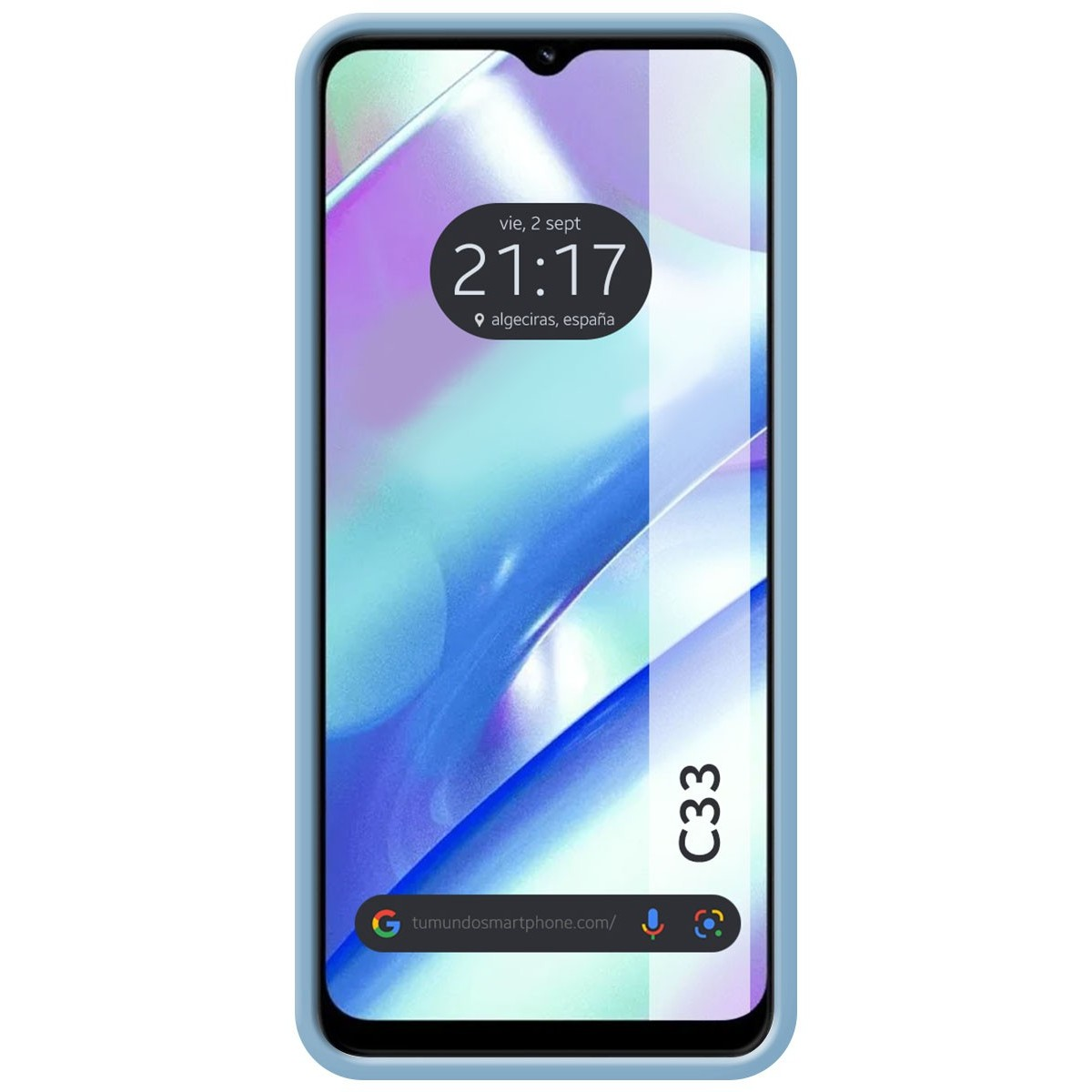 Funda de teléfono azul claro. La pantalla del teléfono muestra la hora y una dirección web.