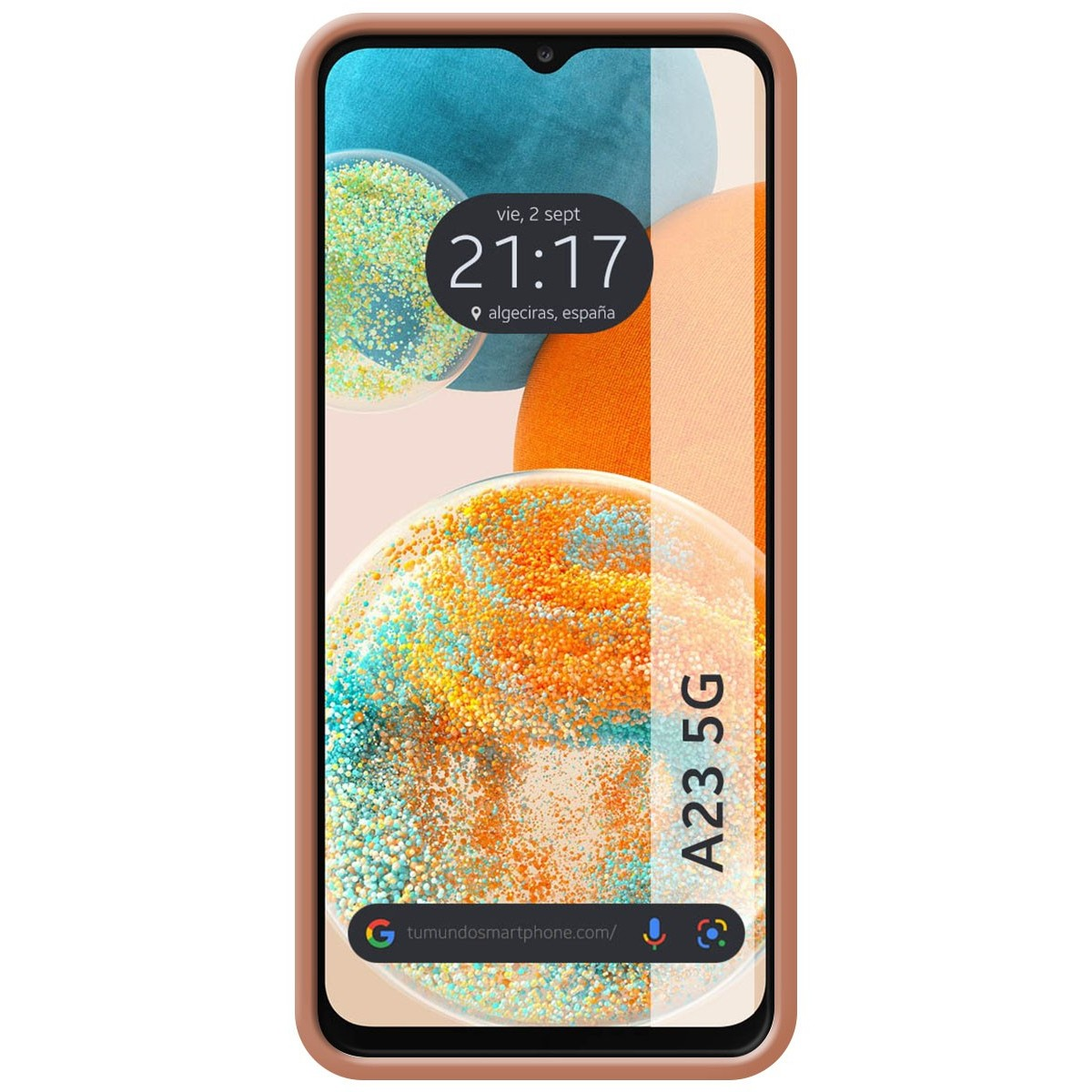 Custodia per telefono con motivo colorato e schermo del telefono che mostra l'ora e il luogo.