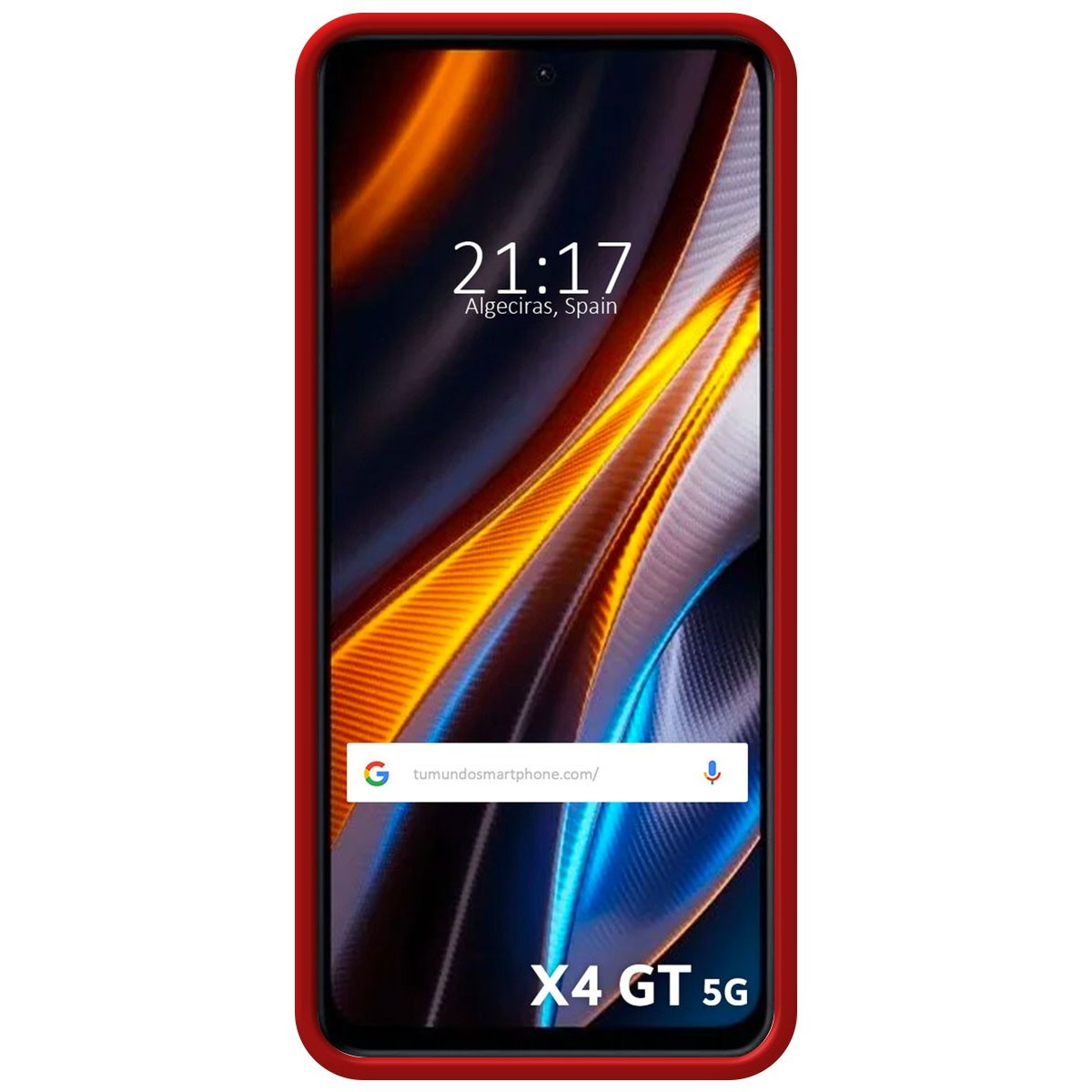 Custodia per telefono rossa con schermo che mostra ora e luogo: 21:17, Algeciras, Spagna.