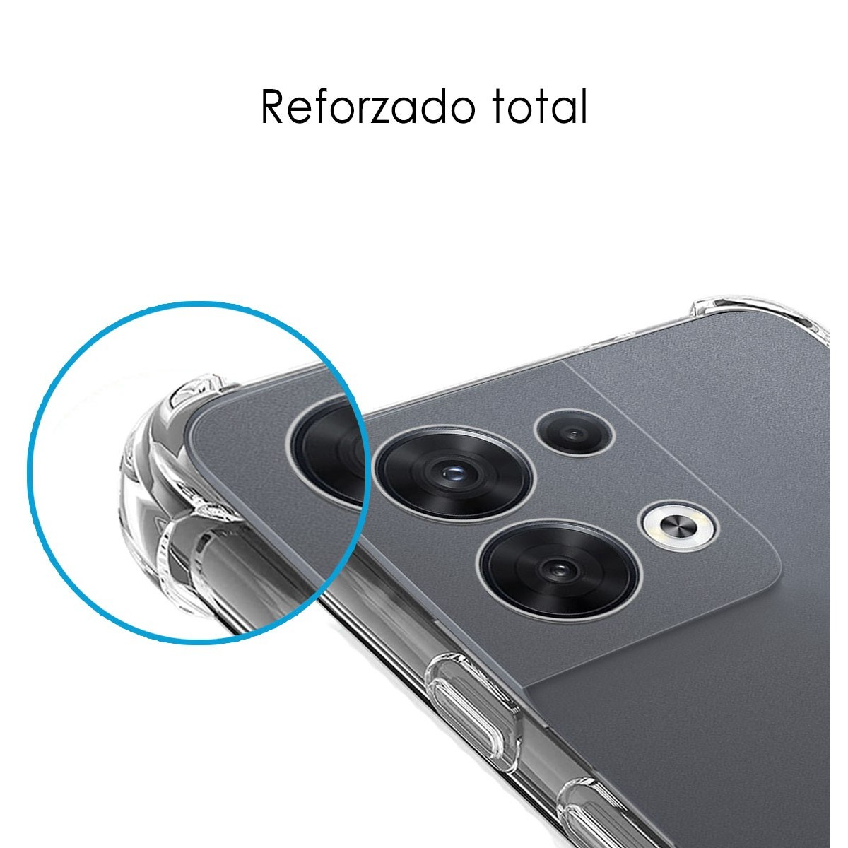 Custodia per telefono con obiettivo della fotocamera dettagliato e testo 'Reforzado total'.