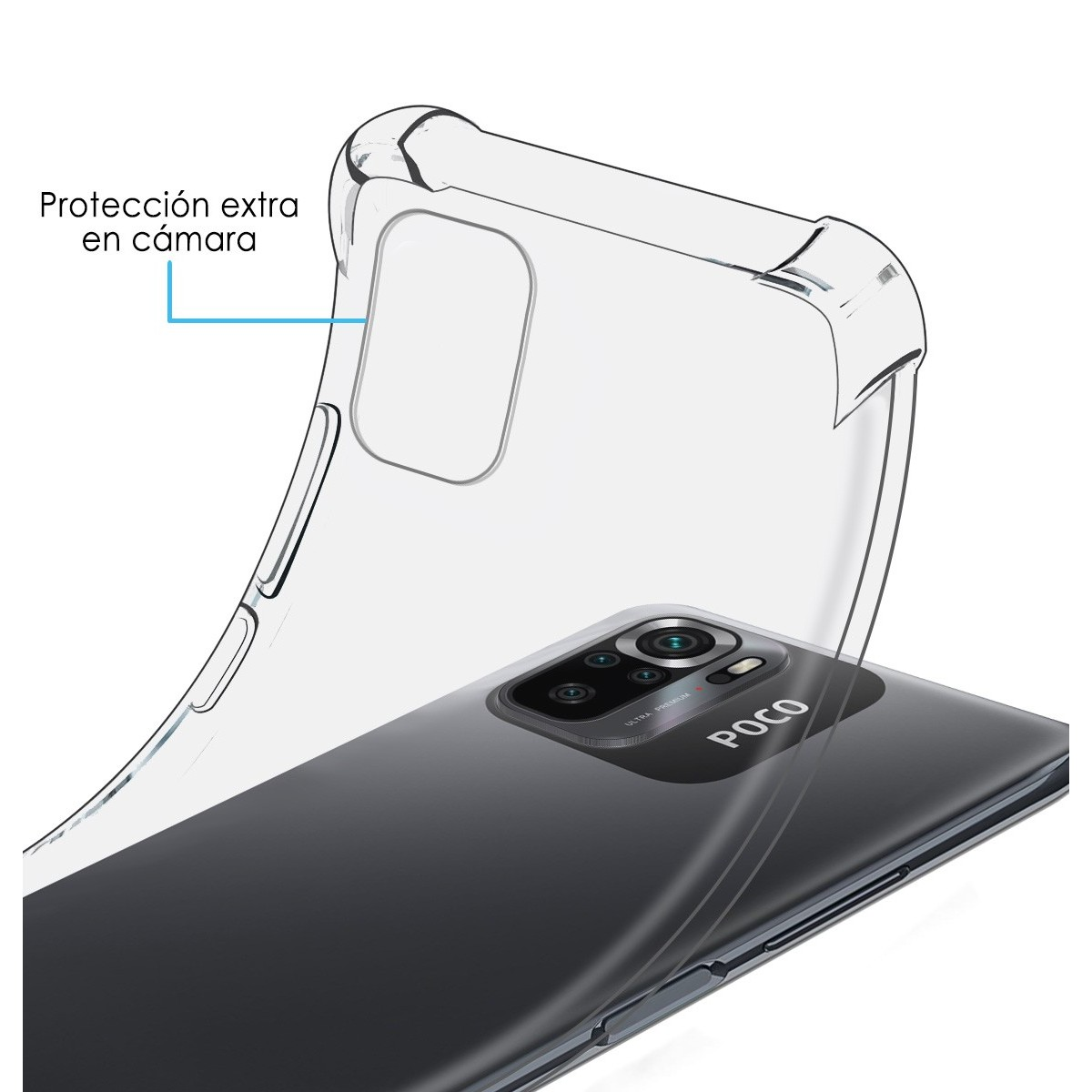 Custodia trasparente per telefono, area fotocamera e logo Poco.