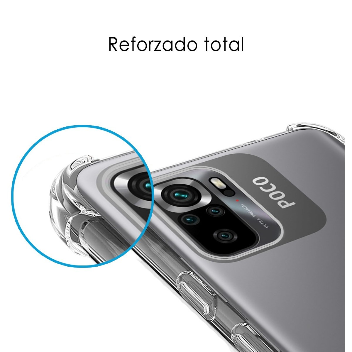 Primo piano di una custodia con il testo 'Reforzado total' e design trasparente.
