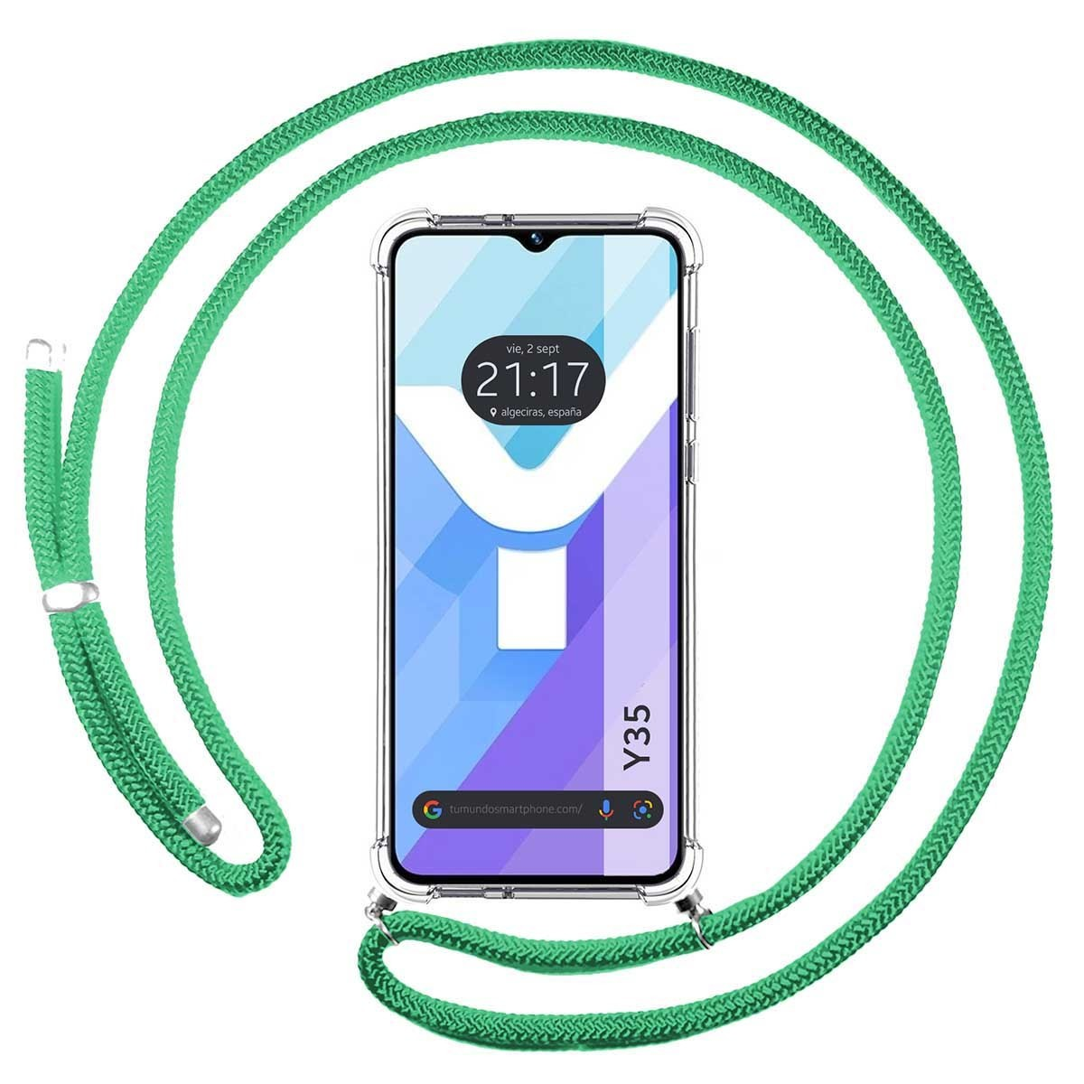 Cinturino verde attorno a una custodia per telefono con schermo che mostra l'ora.