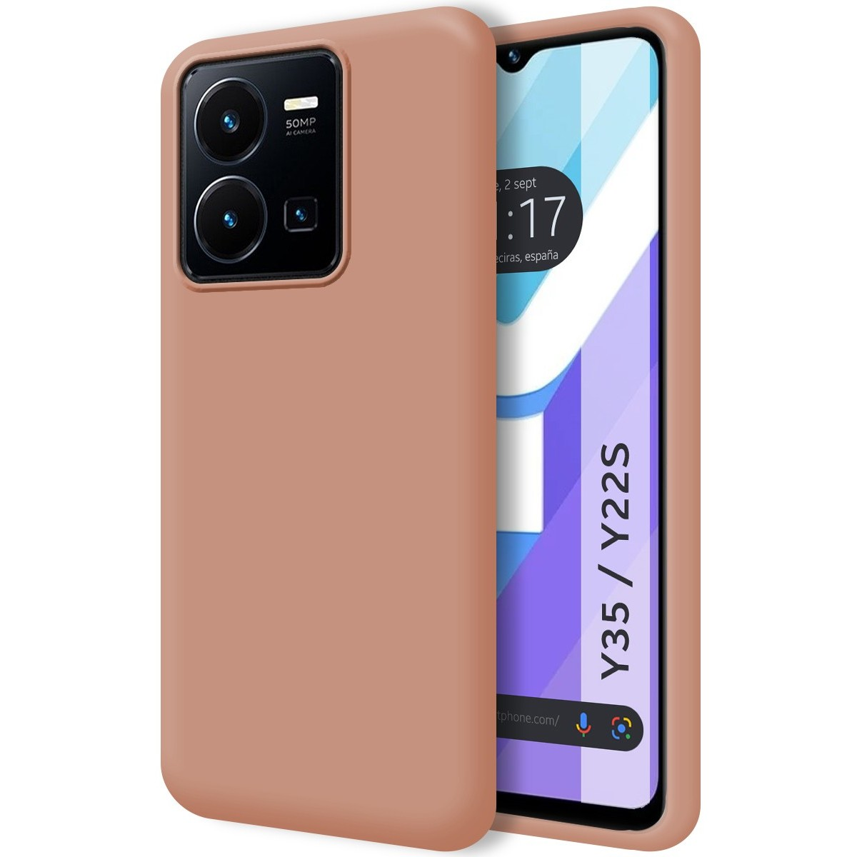 Custodia di colore marrone. Lo schermo mostra l'ora e il modello del telefono.