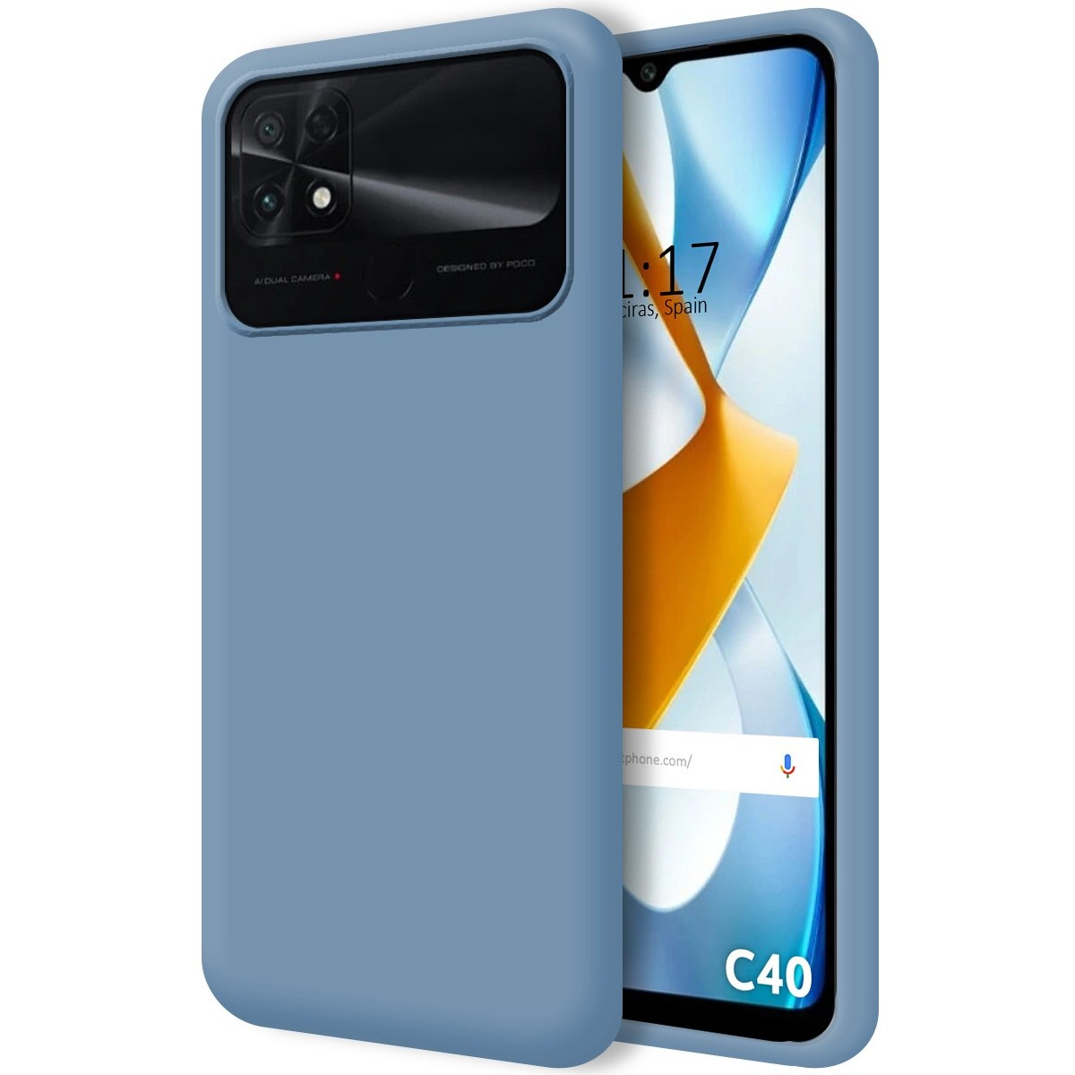 Custodia per telefono con un colore blu liscio. Lo schermo del telefono mostra un colore azzurro e giallo.