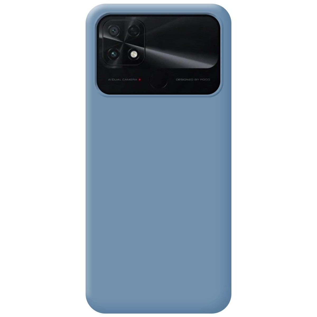 Custodia: Custodia blu con design a doppia fotocamera, la parte posteriore del telefono è visibile.