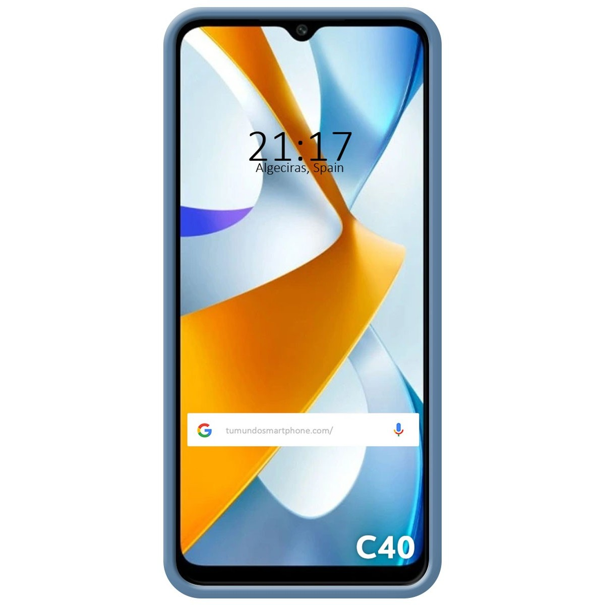Telefono con una custodia blu, che mostra l'ora 21:17. Lo sfondo ha una sfumatura blu e arancione.