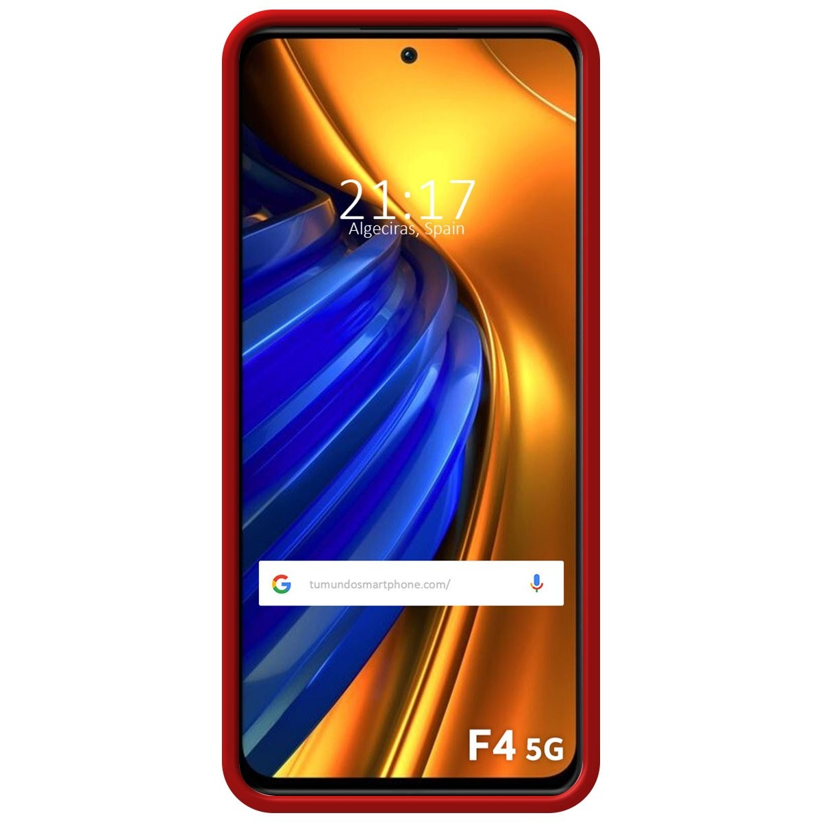 Custodia per telefono rossa con schermo che mostra l'ora e un design blu.