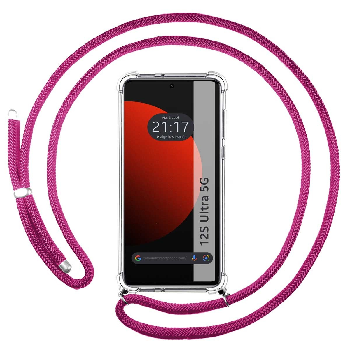 Telefono con un cinturino rosa. Il telefono mostra ora e data.