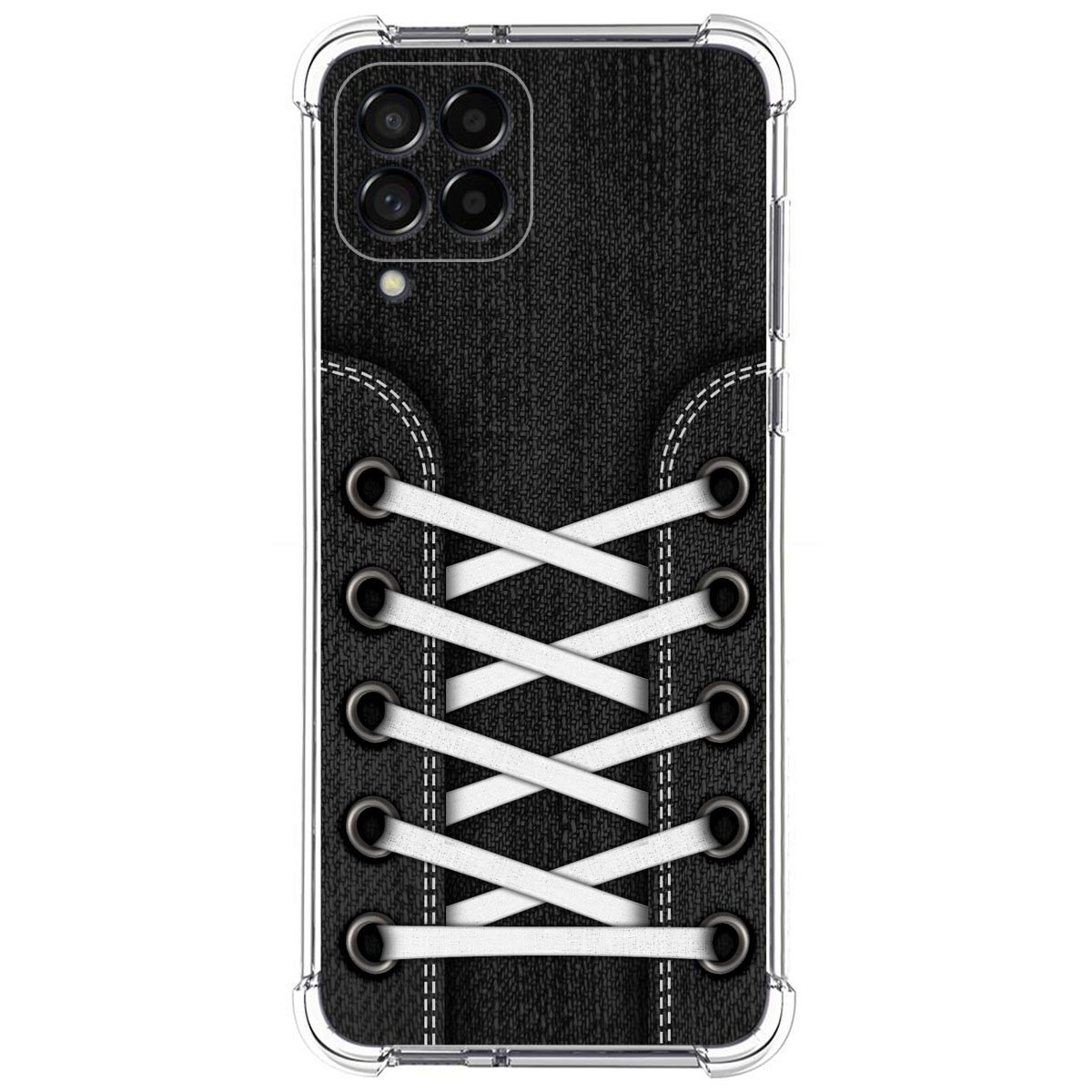 Funda de teléfono con diseño de cordones negros. La funda tiene contorno transparente y cordones blancos.