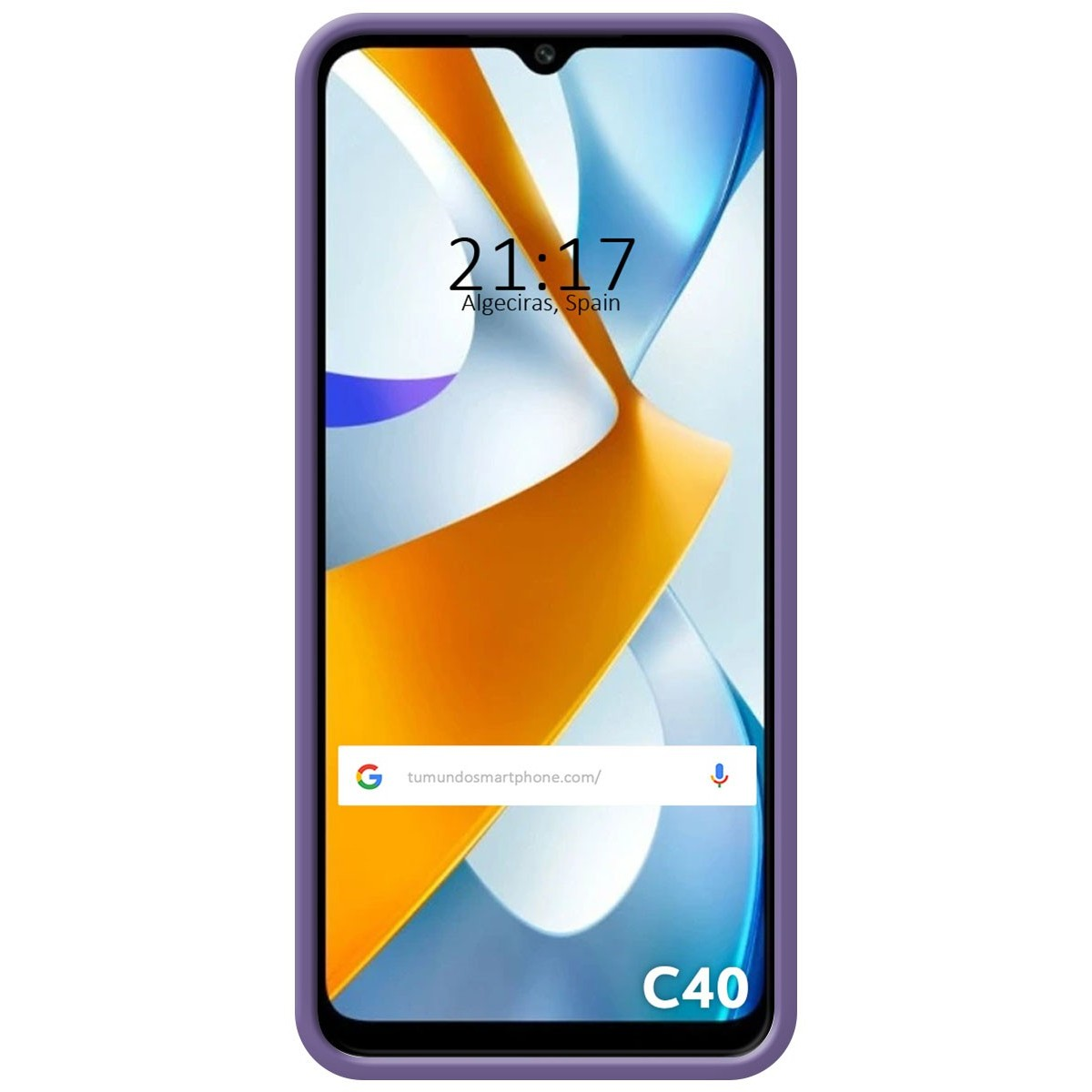 Custodia per telefono viola con un telefono che mostra l'ora e un sito web.