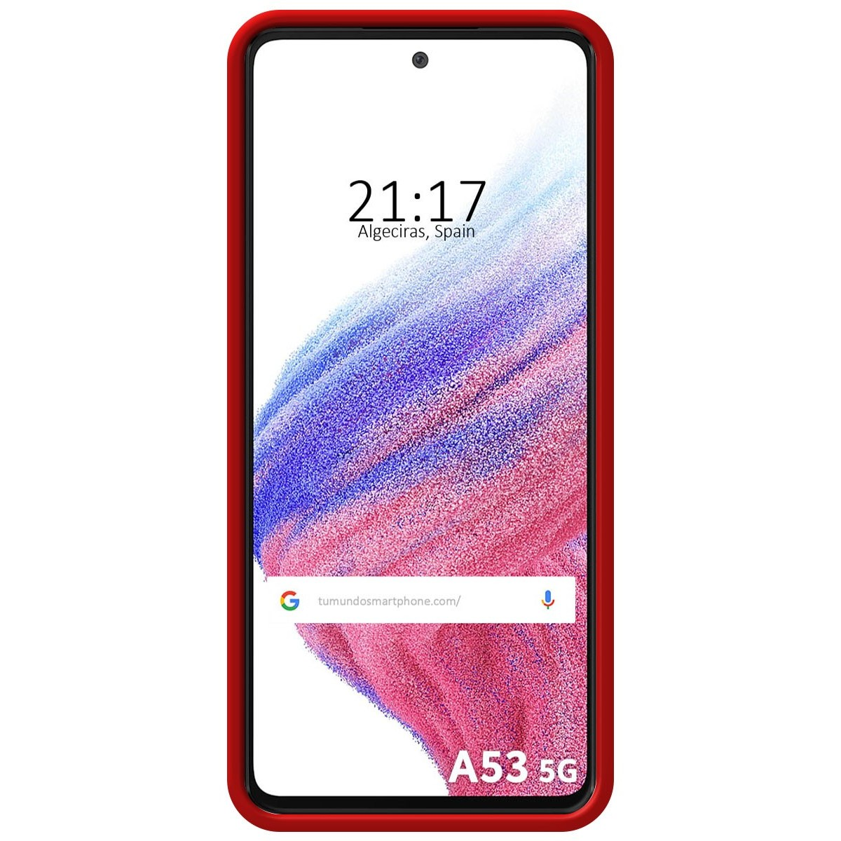 Custodia rossa con schermo che mostra ora, barra di ricerca e sfondo colorato, modello A53 5G.