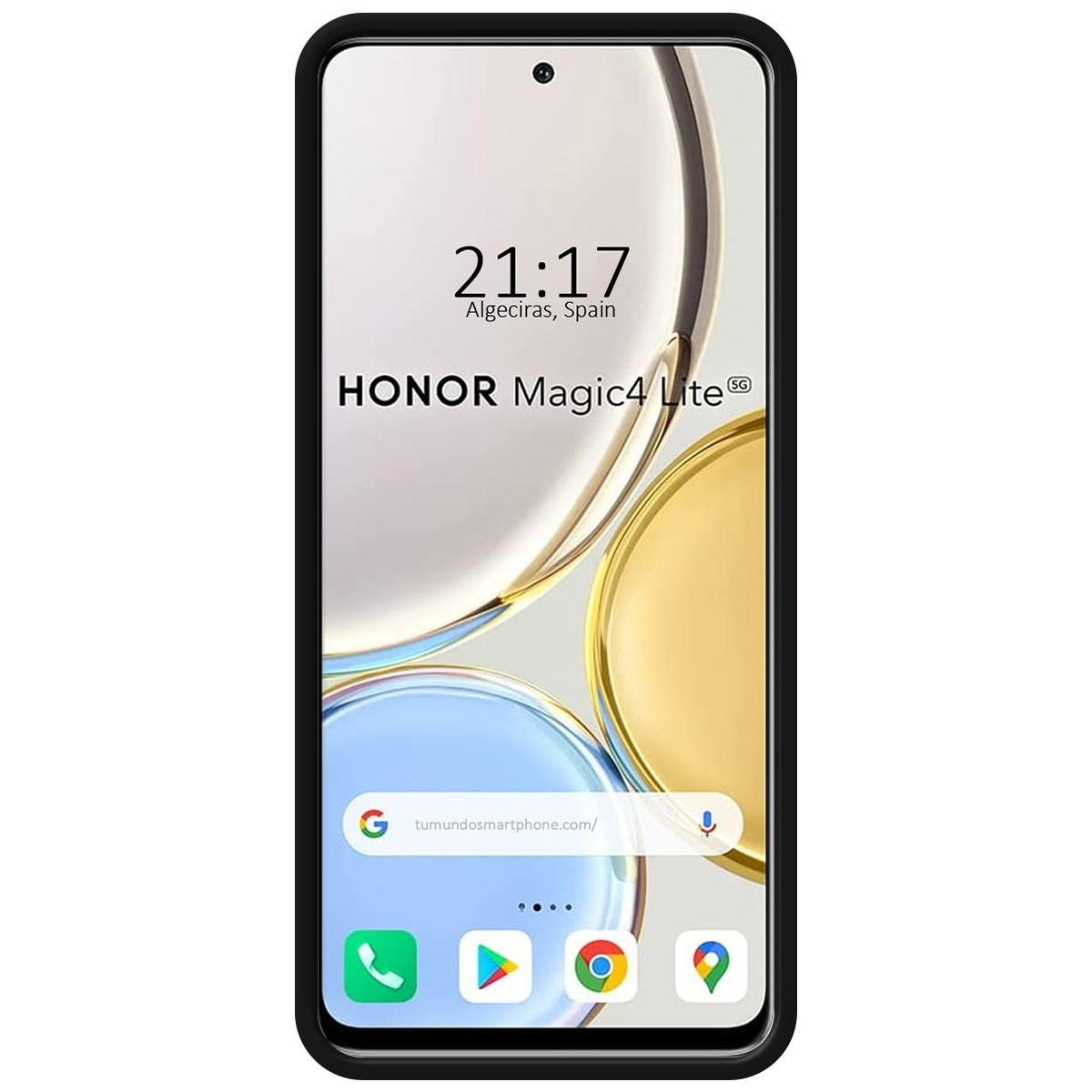 Pantalla del teléfono mostrando la hora y una dirección web. La funda es negra.