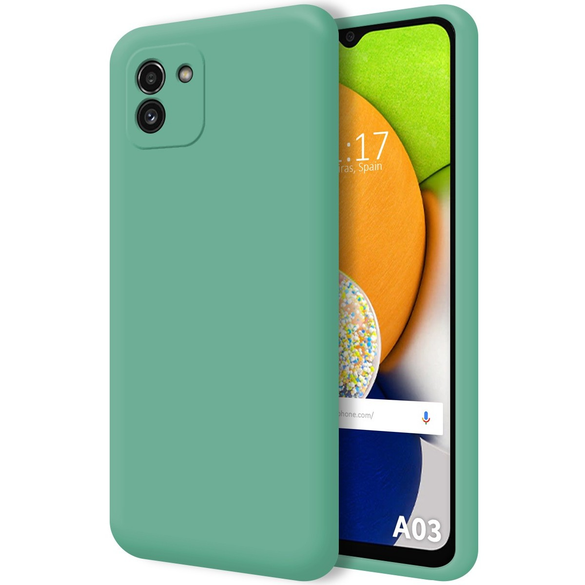Custodia verde per telefono. Il telefono a destra mostra un display con colori verdi e arancioni.