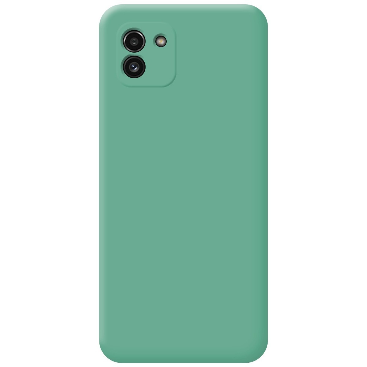 Una custodia per telefono verde chiaro, tinta unita, con un modulo fotocamera a doppia lente.