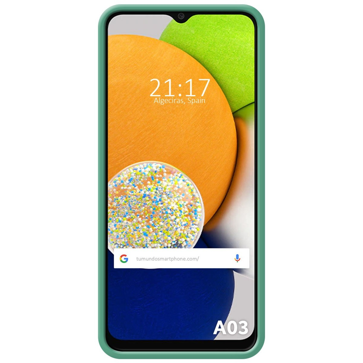 Schermo dello smartphone che mostra l'ora, Algeciras, Spagna. È in una custodia verde.