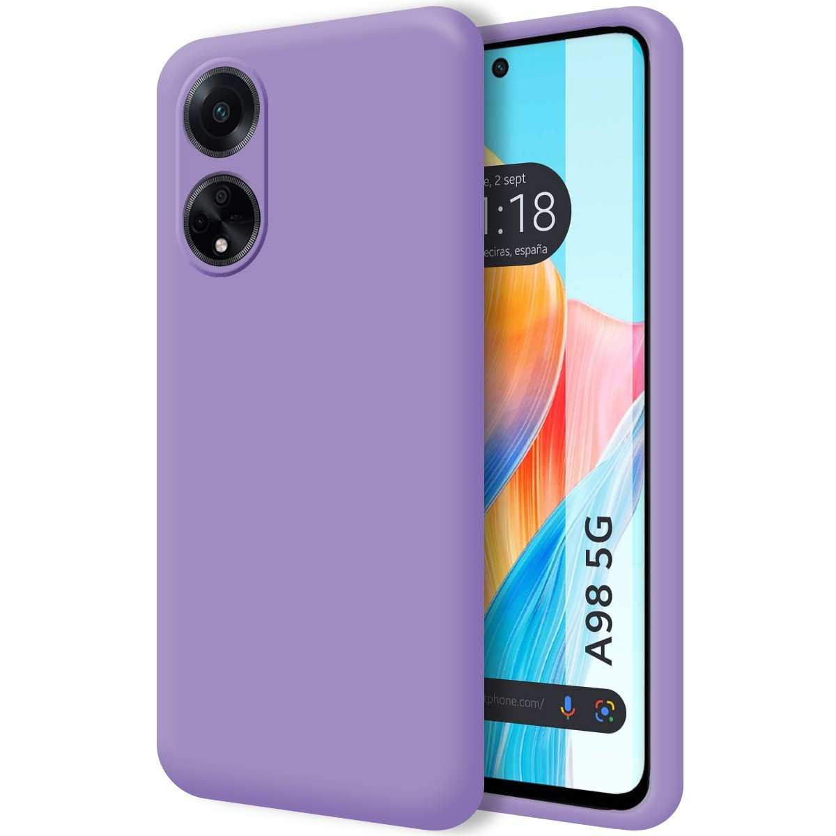 Una custodia per telefono con un colore lavanda uniforme, accanto a un telefono con schermo viola.