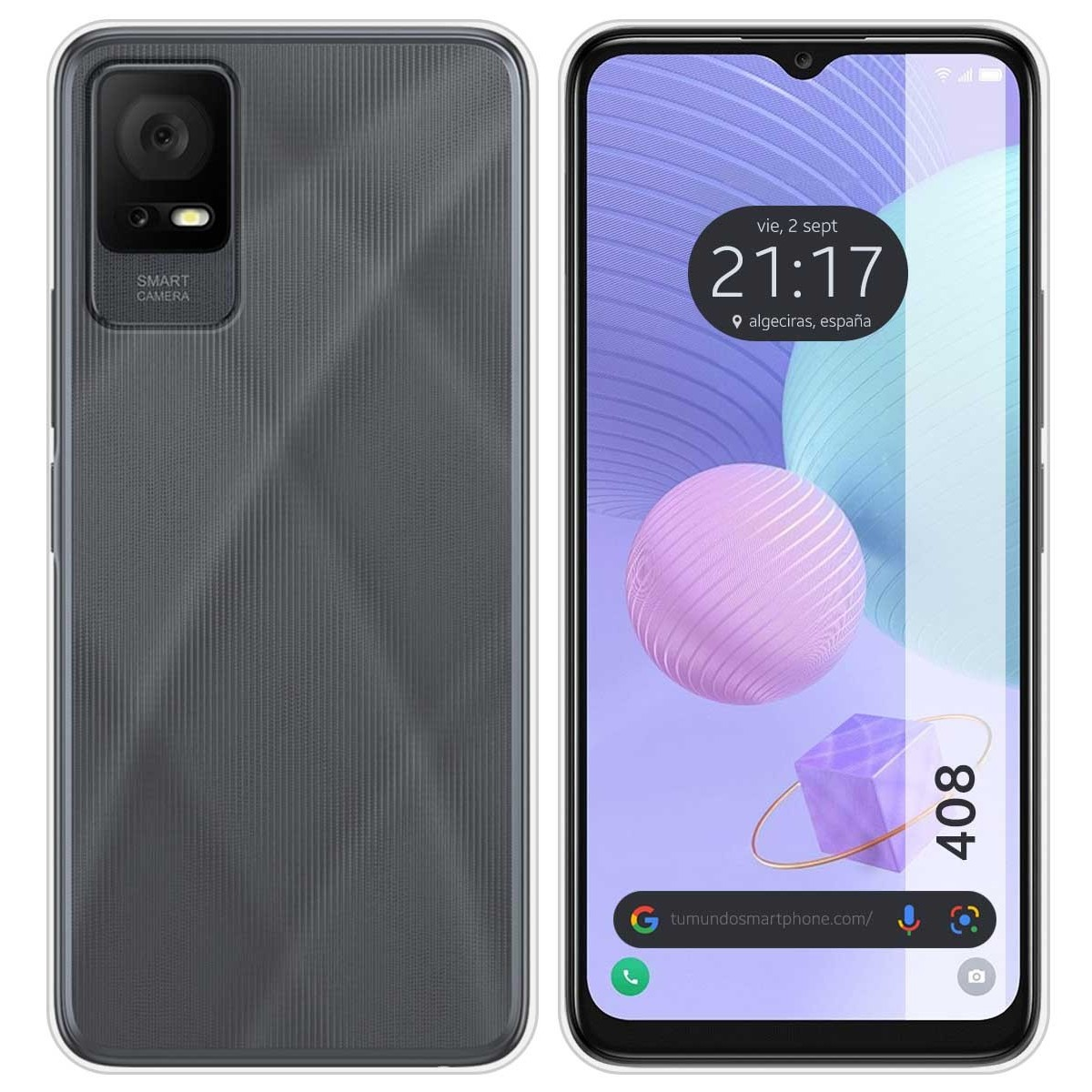 Due telefoni. Uno con retro grigio testurizzato e fotocamera. L'altro mostra ora e data.