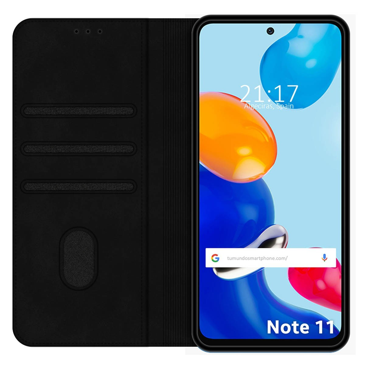 Custodia nera con telefono che mostra un design astratto colorato e l'ora.