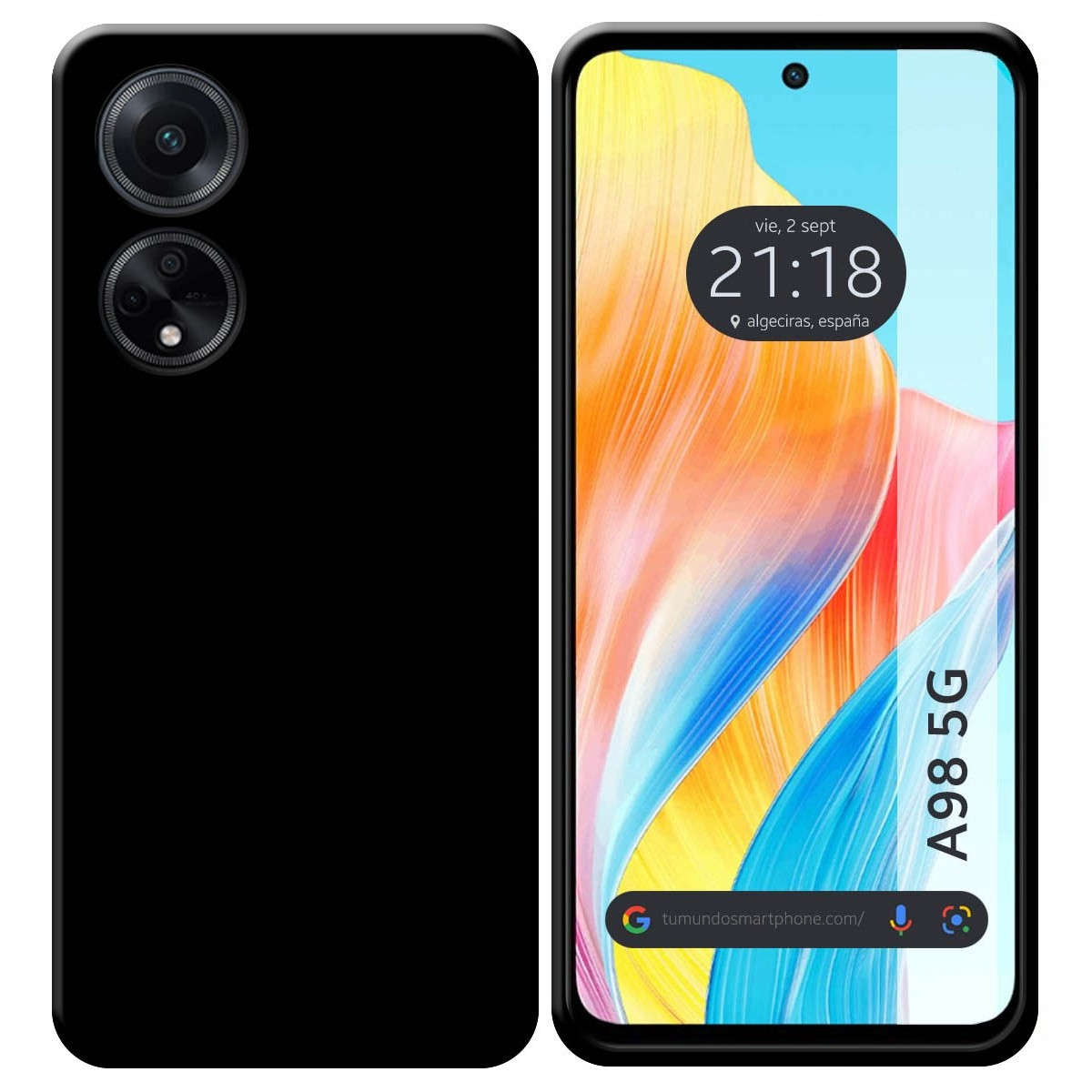 Telefono con retro nero, mostra data e ora sullo schermo. Sfondo blu e giallo.