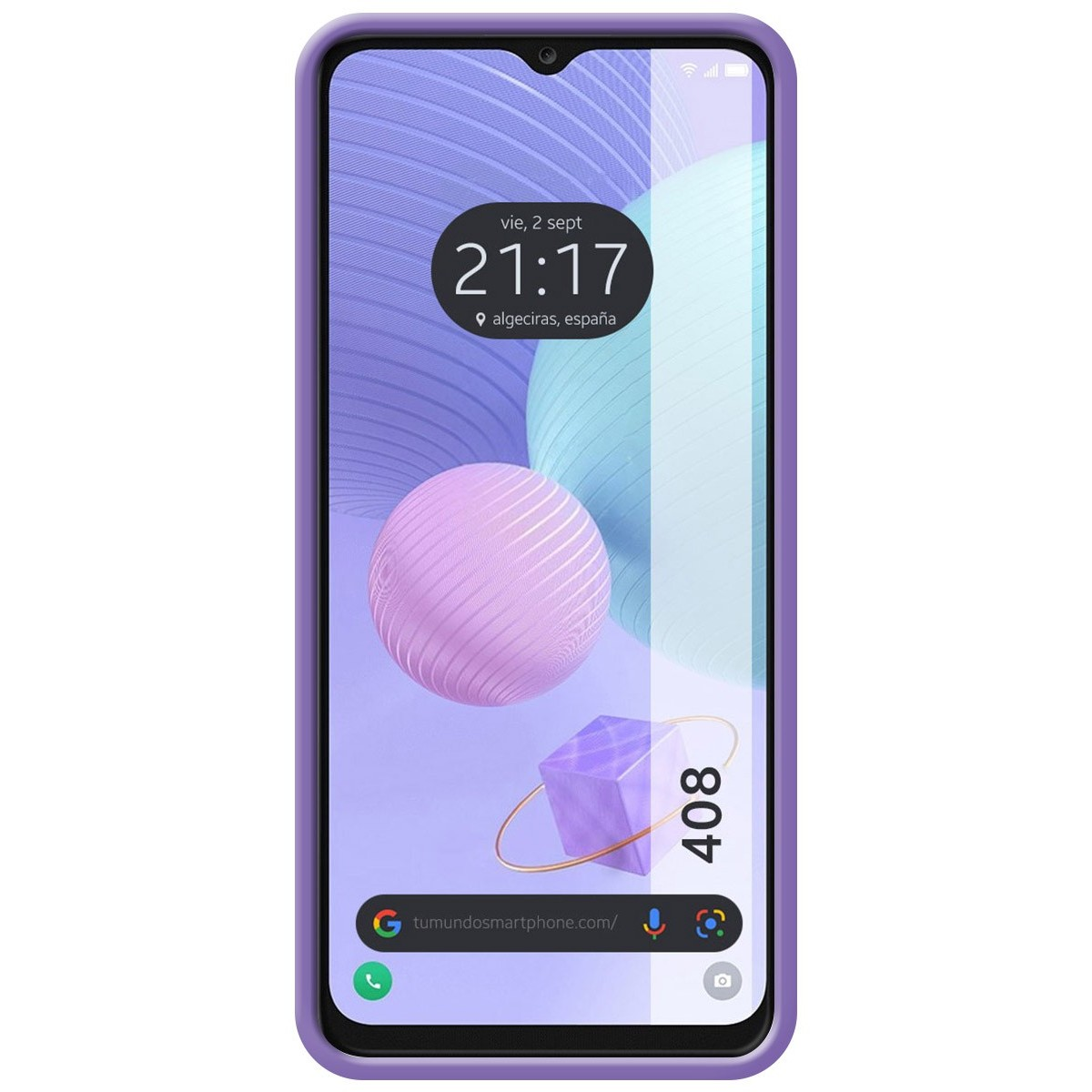 Telefono viola con schermo che mostra l'ora, una sfera viola e un cubo con '408'.