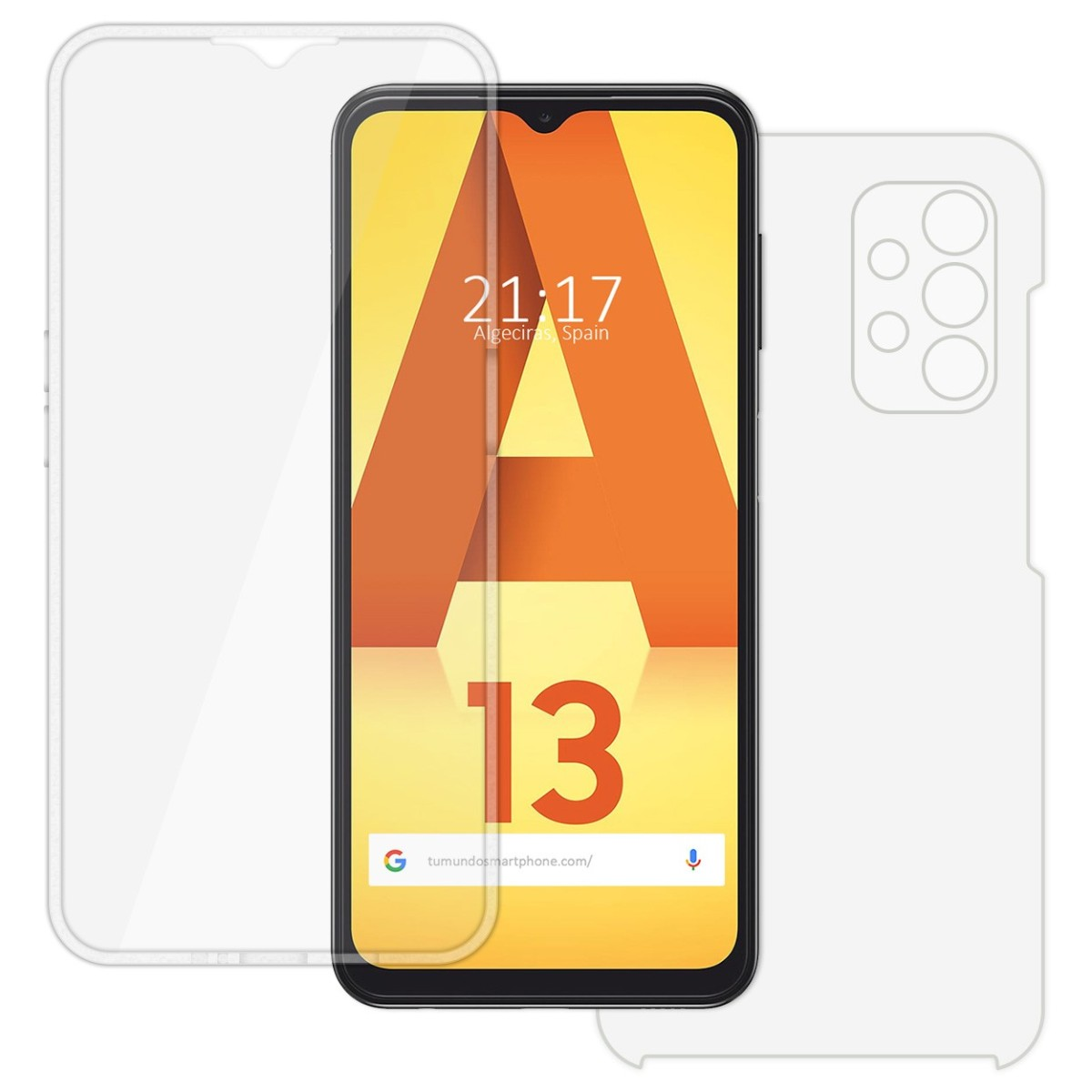 Telefono e protezione schermo. Lo schermo del telefono mostra la lettera 'A' e il numero 13 su sfondo giallo.