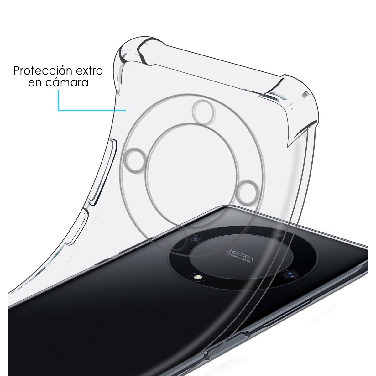 Funda transparente sobre un teléfono negro. El texto indica protección extra para la cámara.