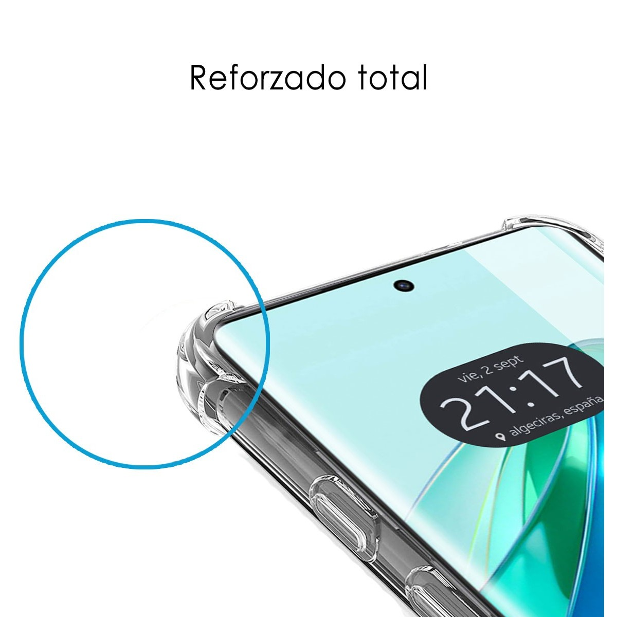 Primer plano de un teléfono con una funda transparente, que muestra la hora y la ubicación.
