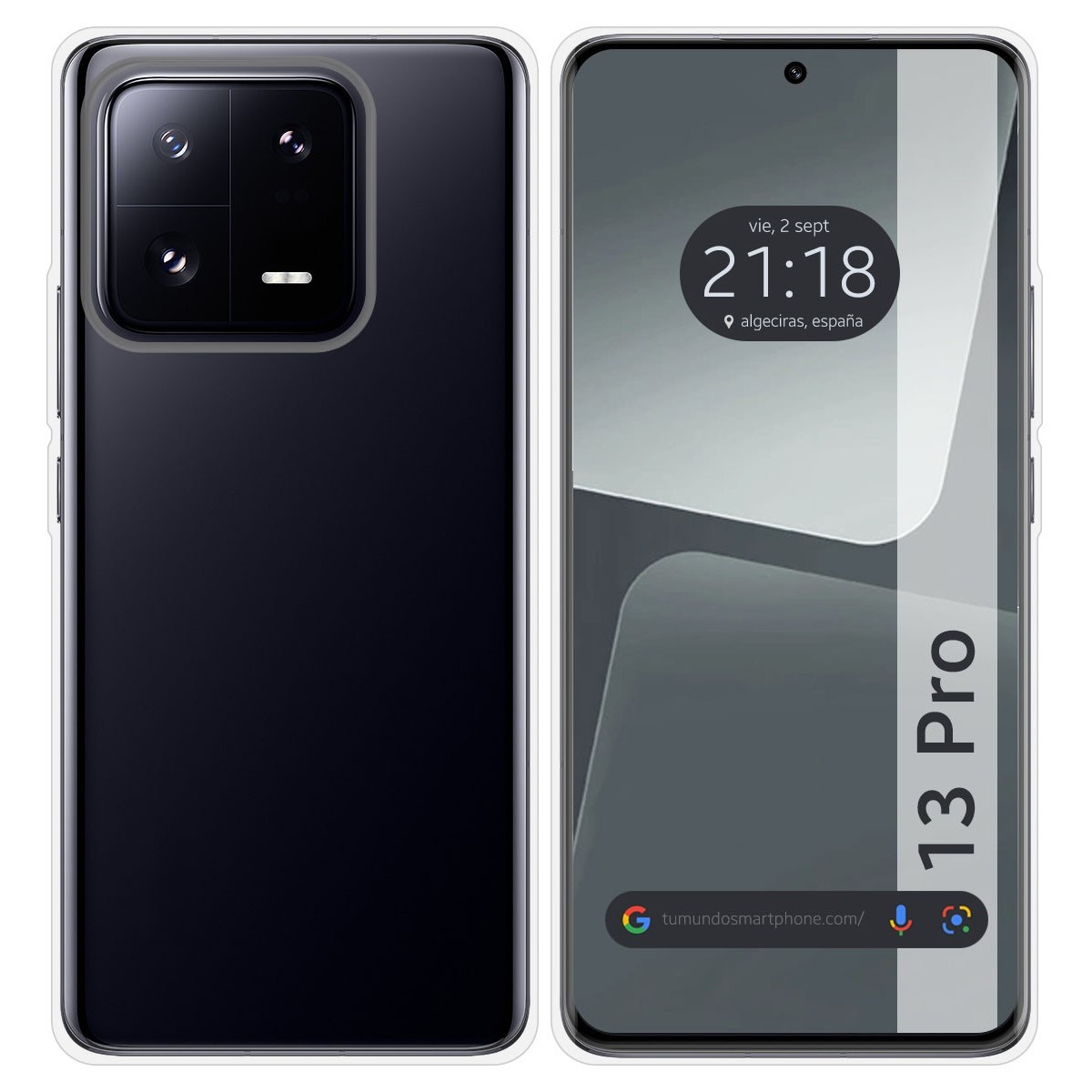 Telefono con schermo che mostra ora e sito web e una configurazione della fotocamera nera sul retro.
