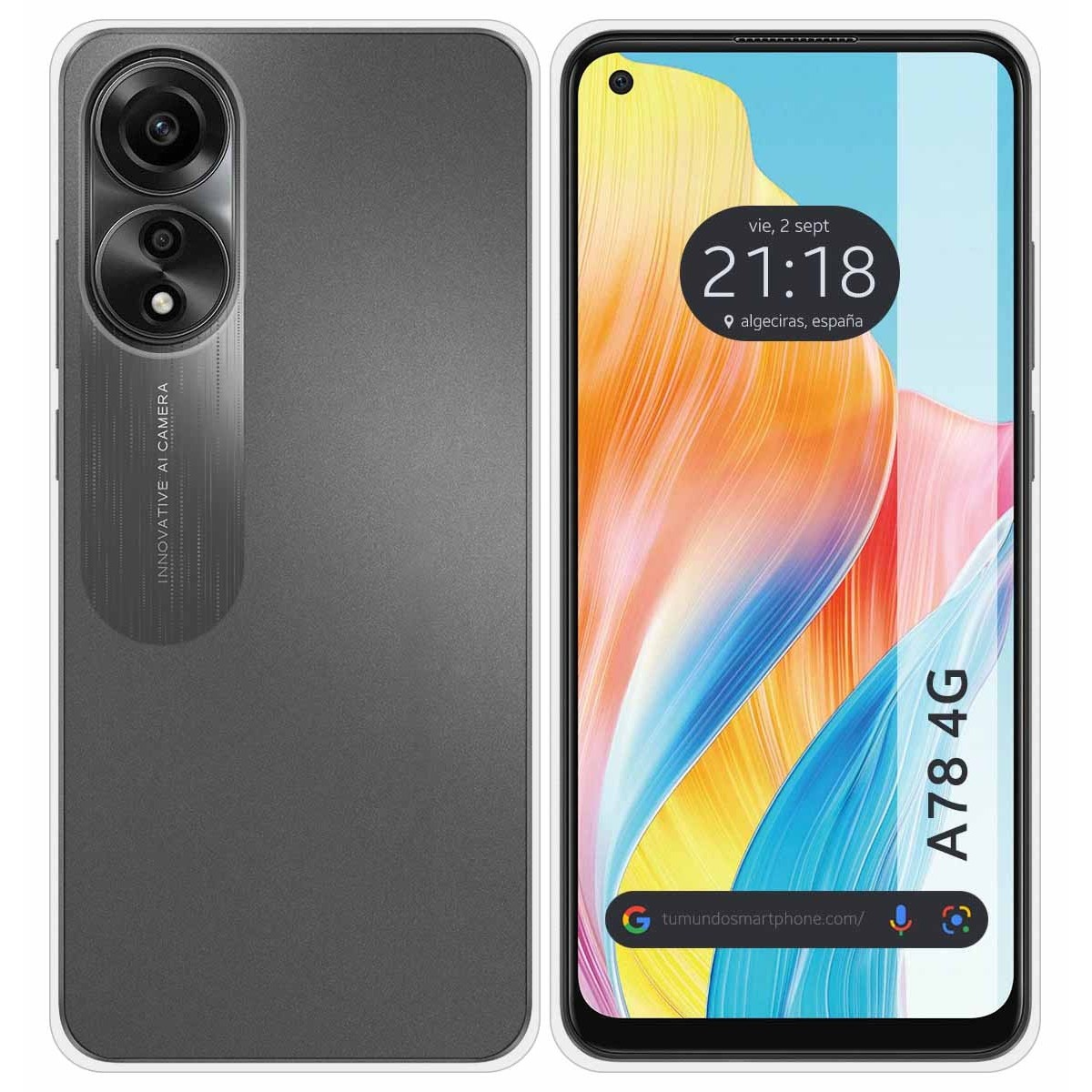 Telefono con retro grigio e dettagli della fotocamera AI. Lo schermo mostra l'ora, il sito web e un design colorato.
