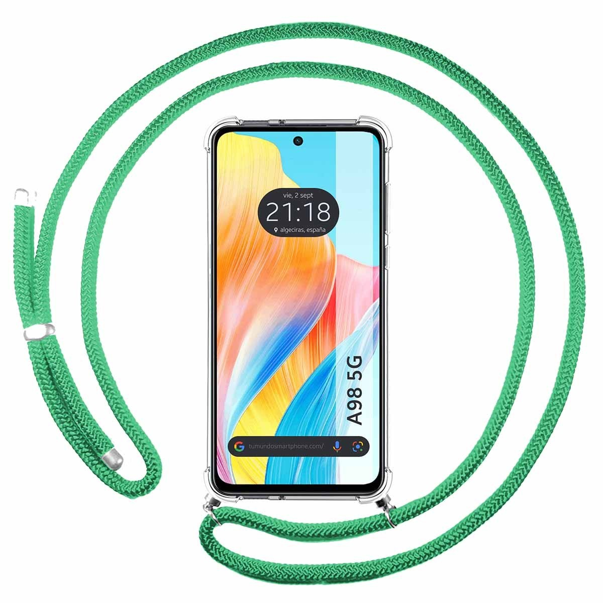 Telefono con cinturino verde. Ora: 21:18. Il telefono è A98 5G.