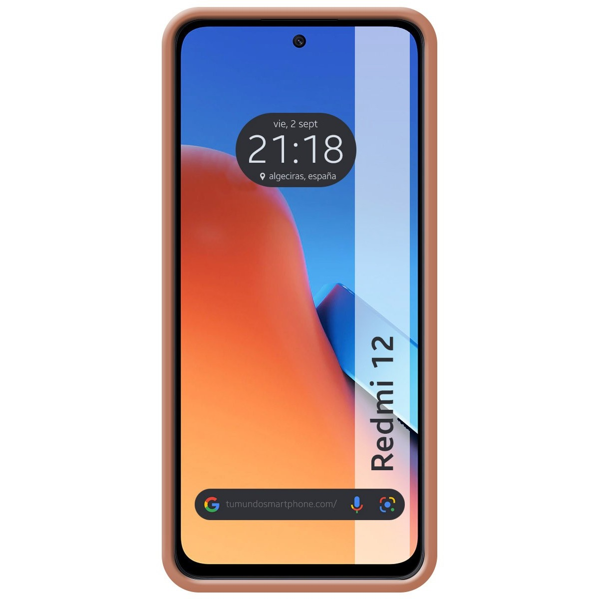 Lo schermo del telefono mostra l'ora e le app. La custodia del telefono ha una cornice color pesca. Redmi 12 è scritto sullo schermo.