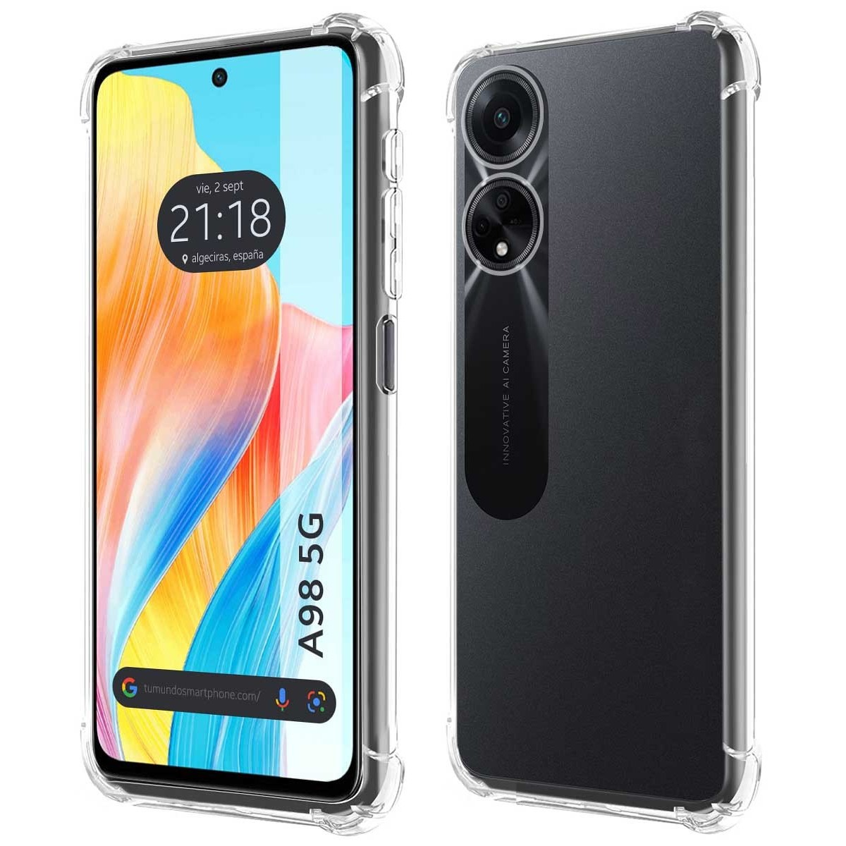 Funda de teléfono transparente. La pantalla muestra fecha, hora y las palabras A98 5G.