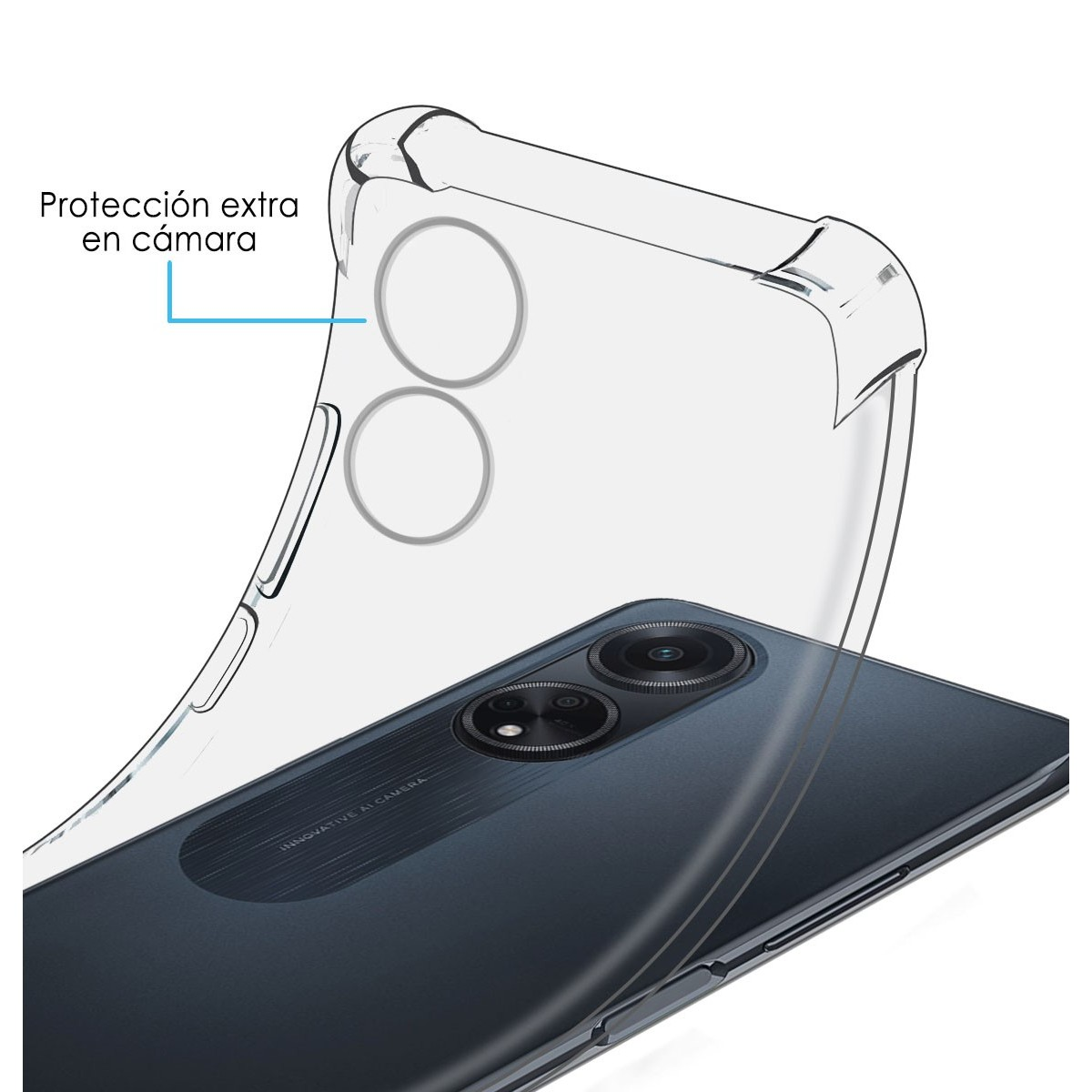 Funda de teléfono muestra la parte trasera de un teléfono con una funda transparente y su cámara.