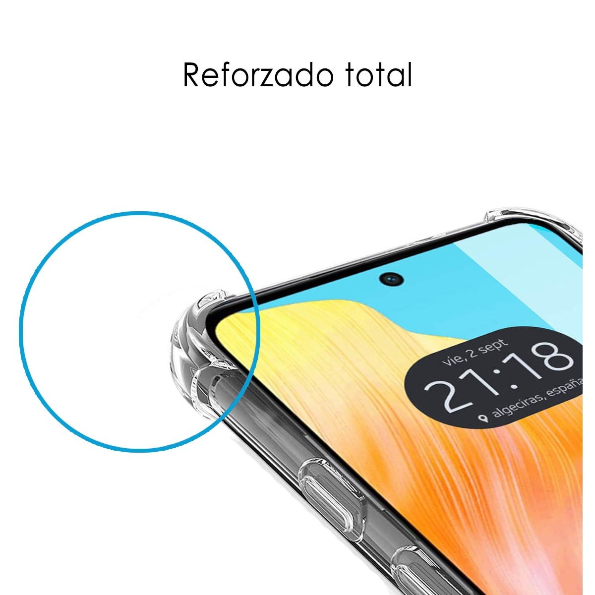 Una funda de teléfono con una pantalla que muestra la hora. La funda es transparente con un círculo azul en el lateral.