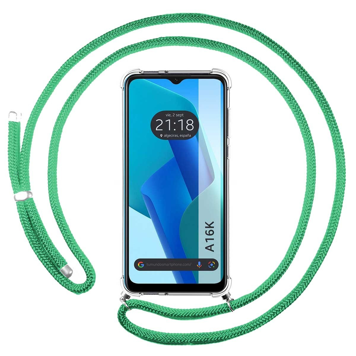 Telefono A16K con un cordino verde. Il fronte mostra l'ora e la posizione.
