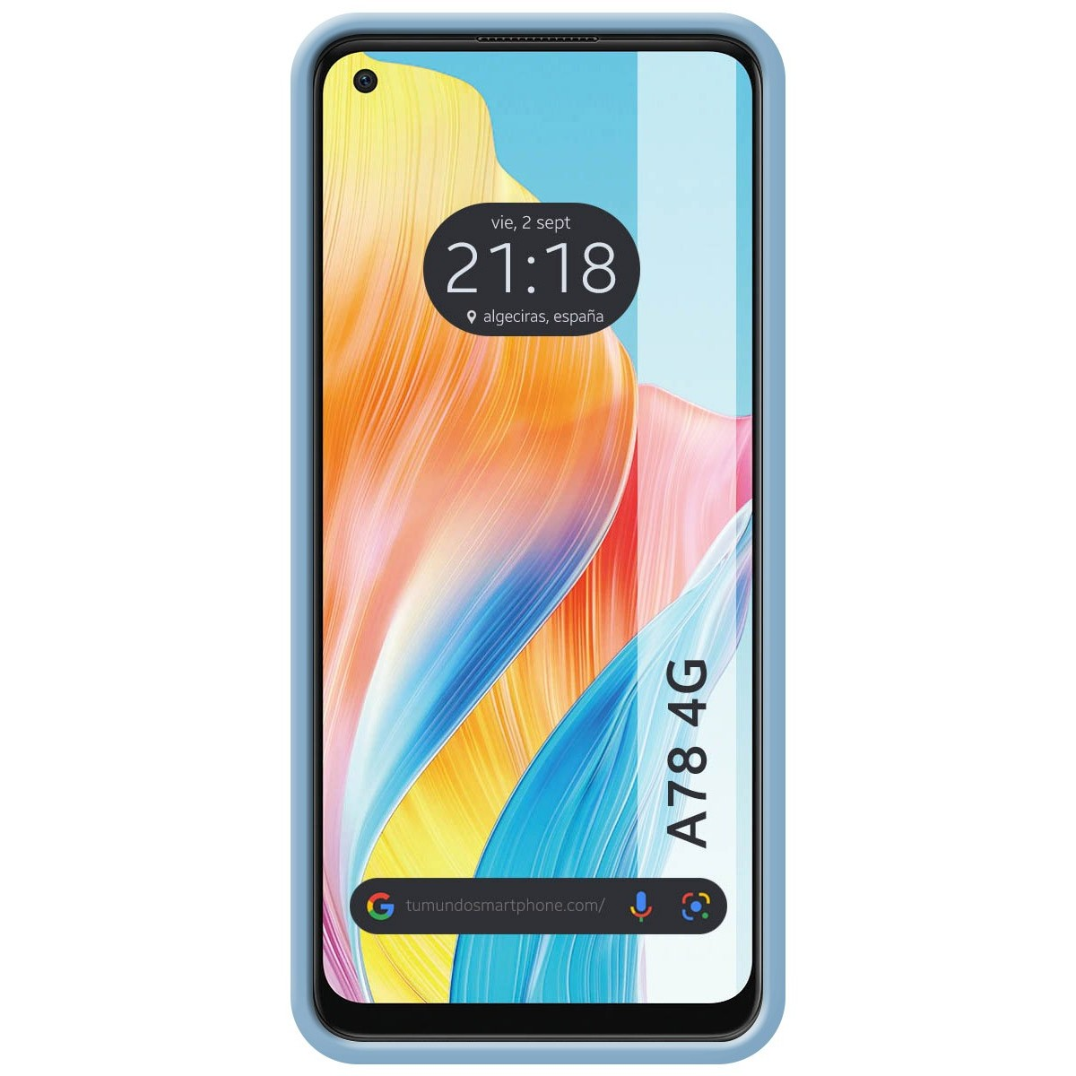 Telefono blu con sfondo astratto colorato. L'ora è visualizzata sullo schermo.