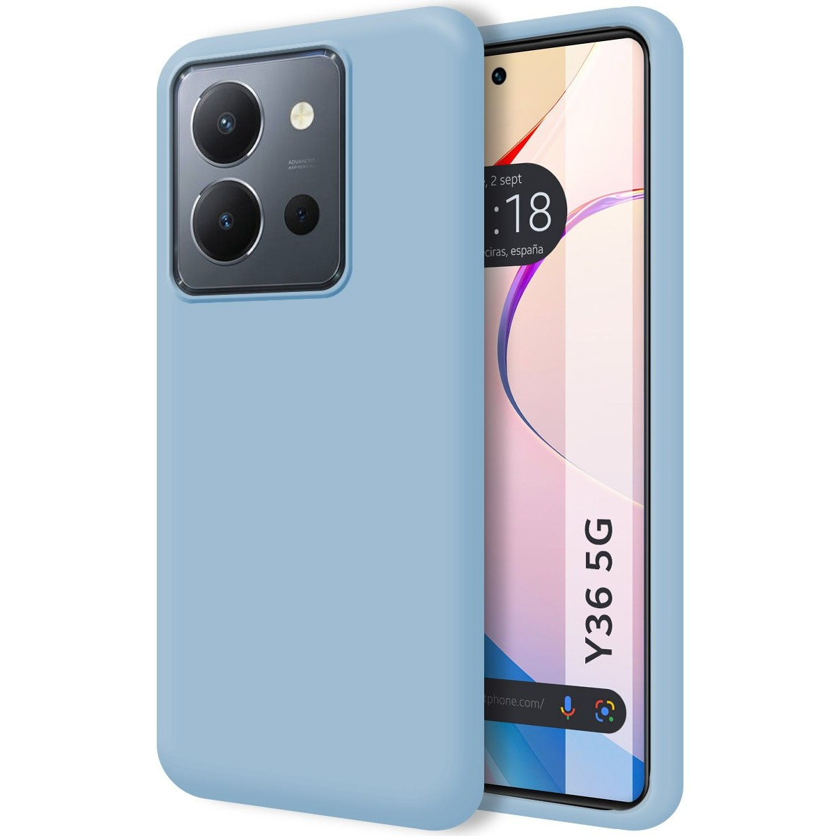 Telefono Y36 5G. Il telefono è azzurro. Il retro ha una sezione fotocamera.