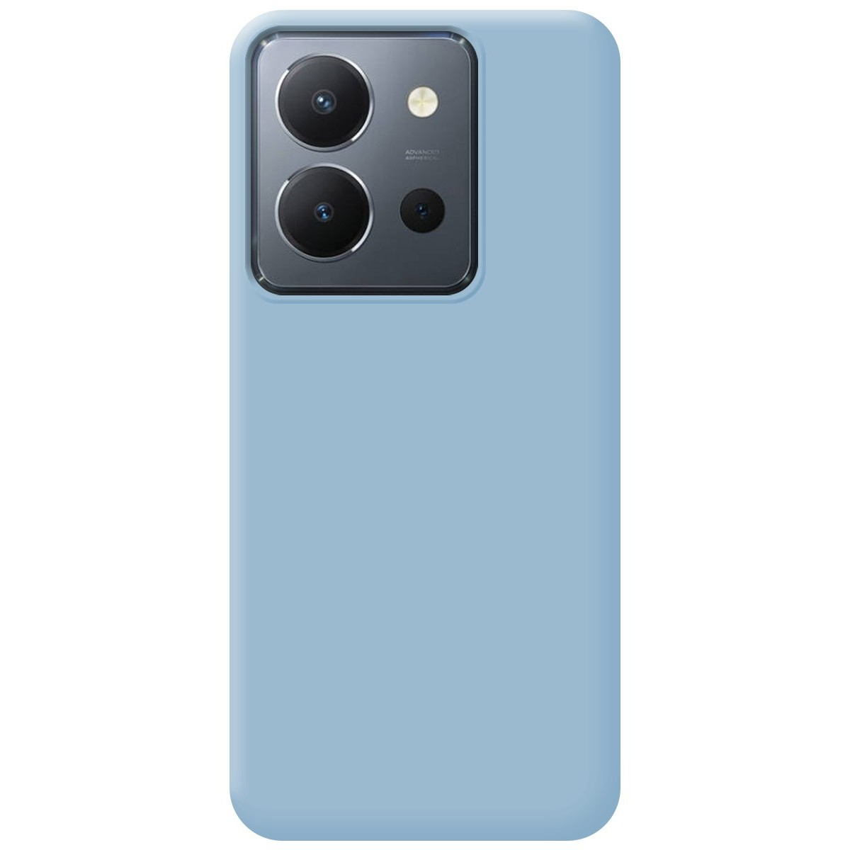 Custodia azzurra. Il retro ha tre fotocamere.